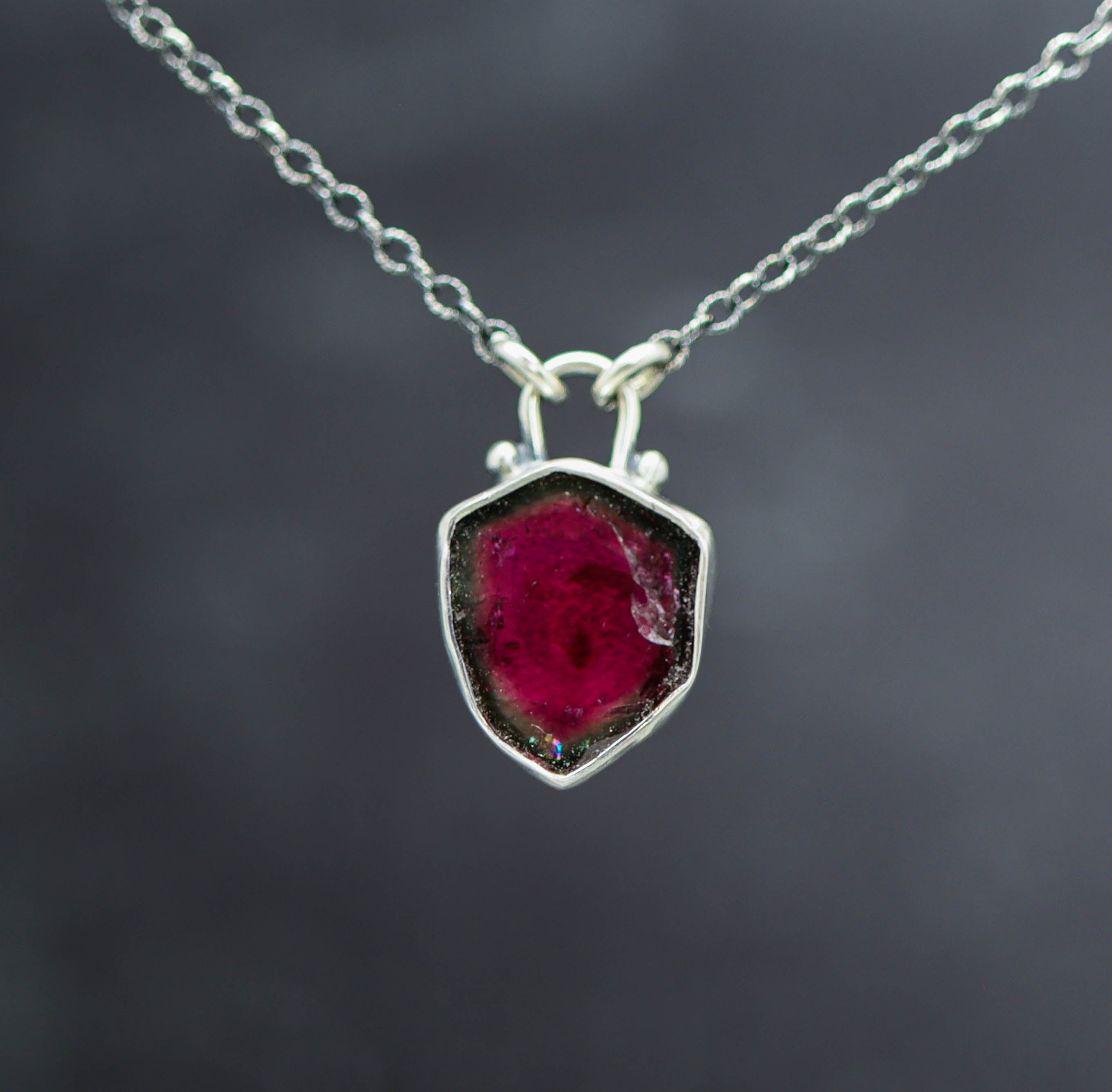 Watermelon Tourmaline Slice Pendant Necklace in Sterling Silver