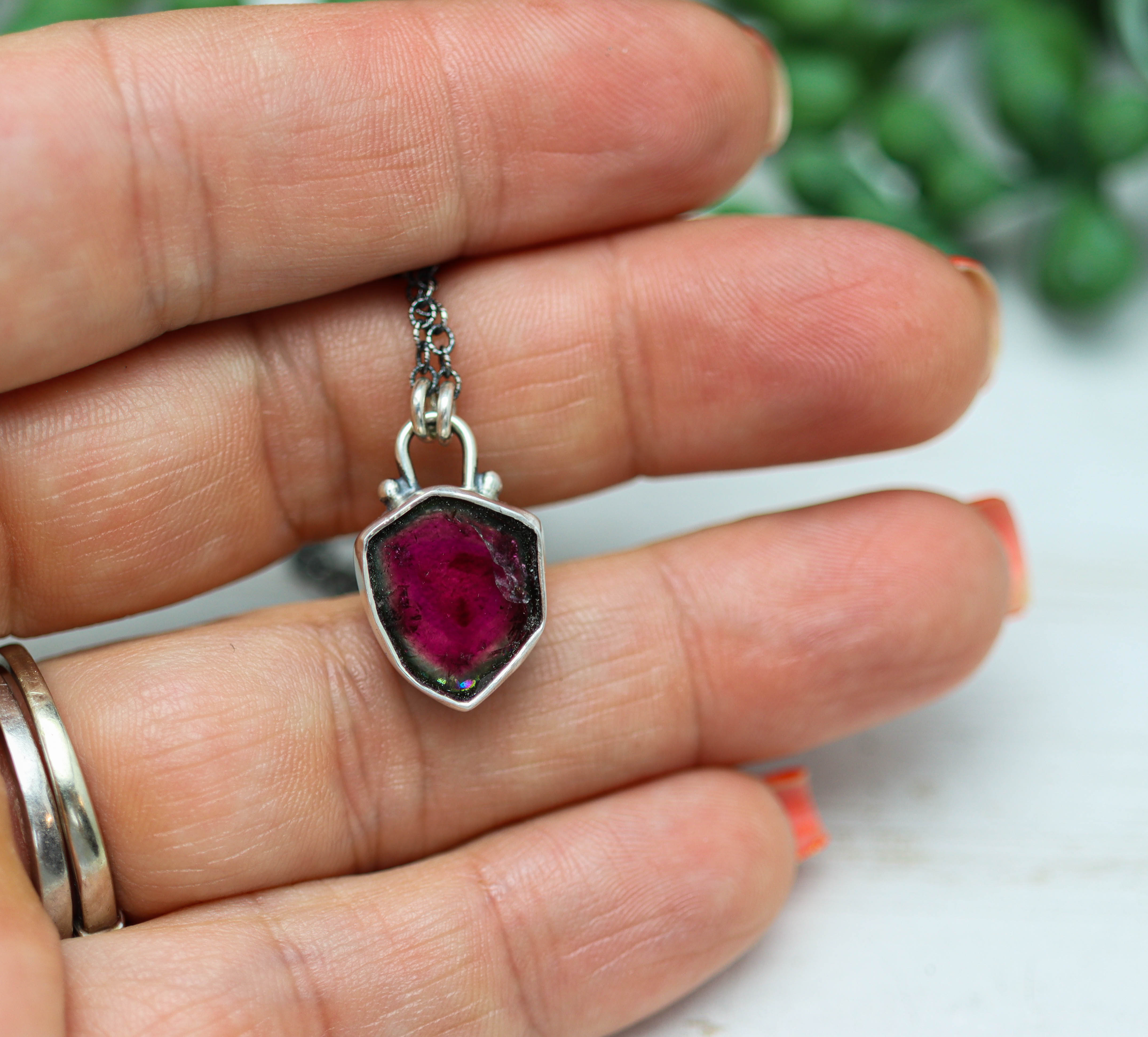 Watermelon Tourmaline Slice Pendant Necklace in Sterling Silver