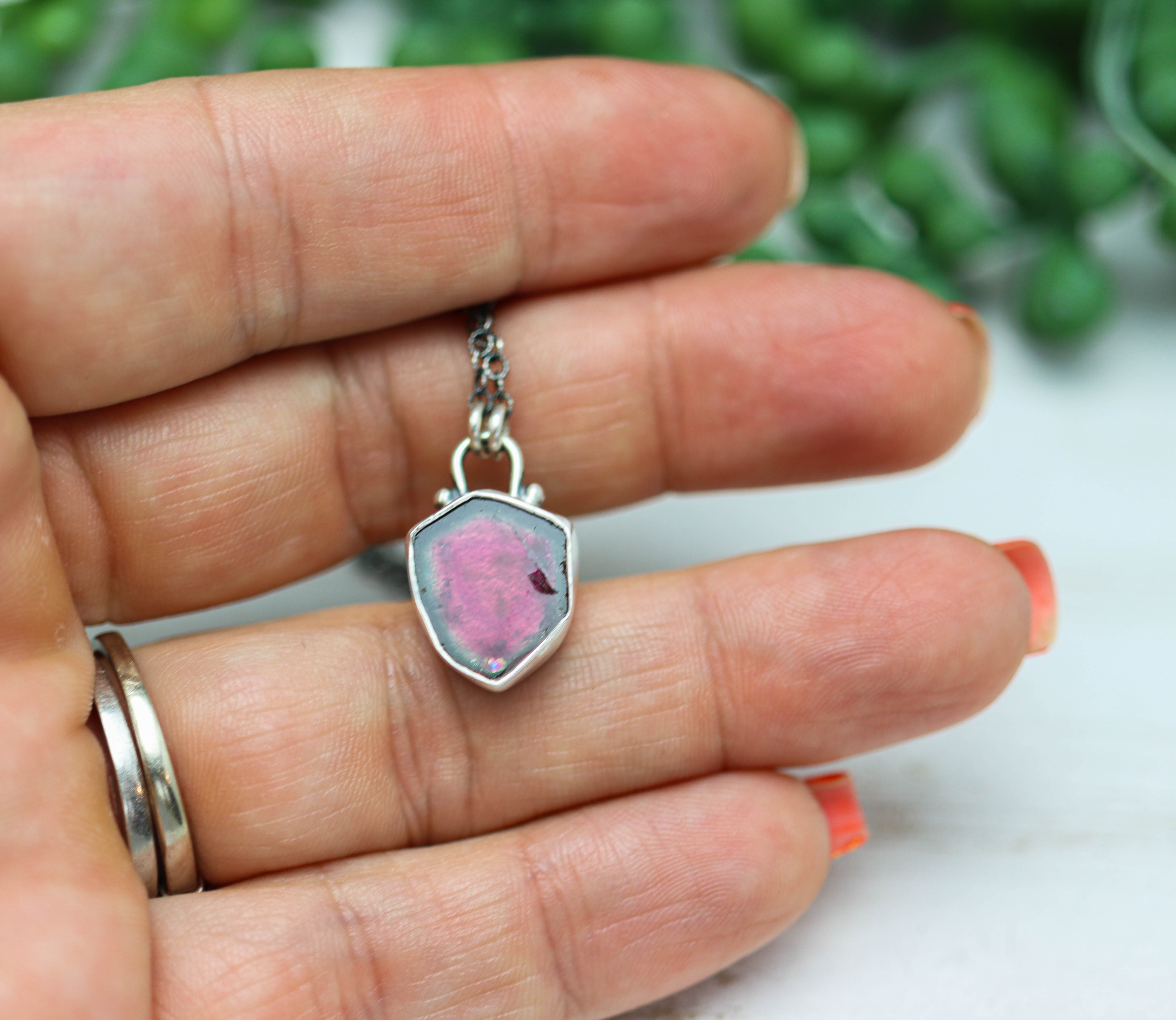 Watermelon Tourmaline Slice Pendant Necklace in Sterling Silver