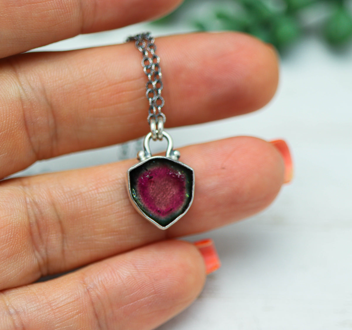 Watermelon Tourmaline Slice Pendant Necklace in Sterling Silver