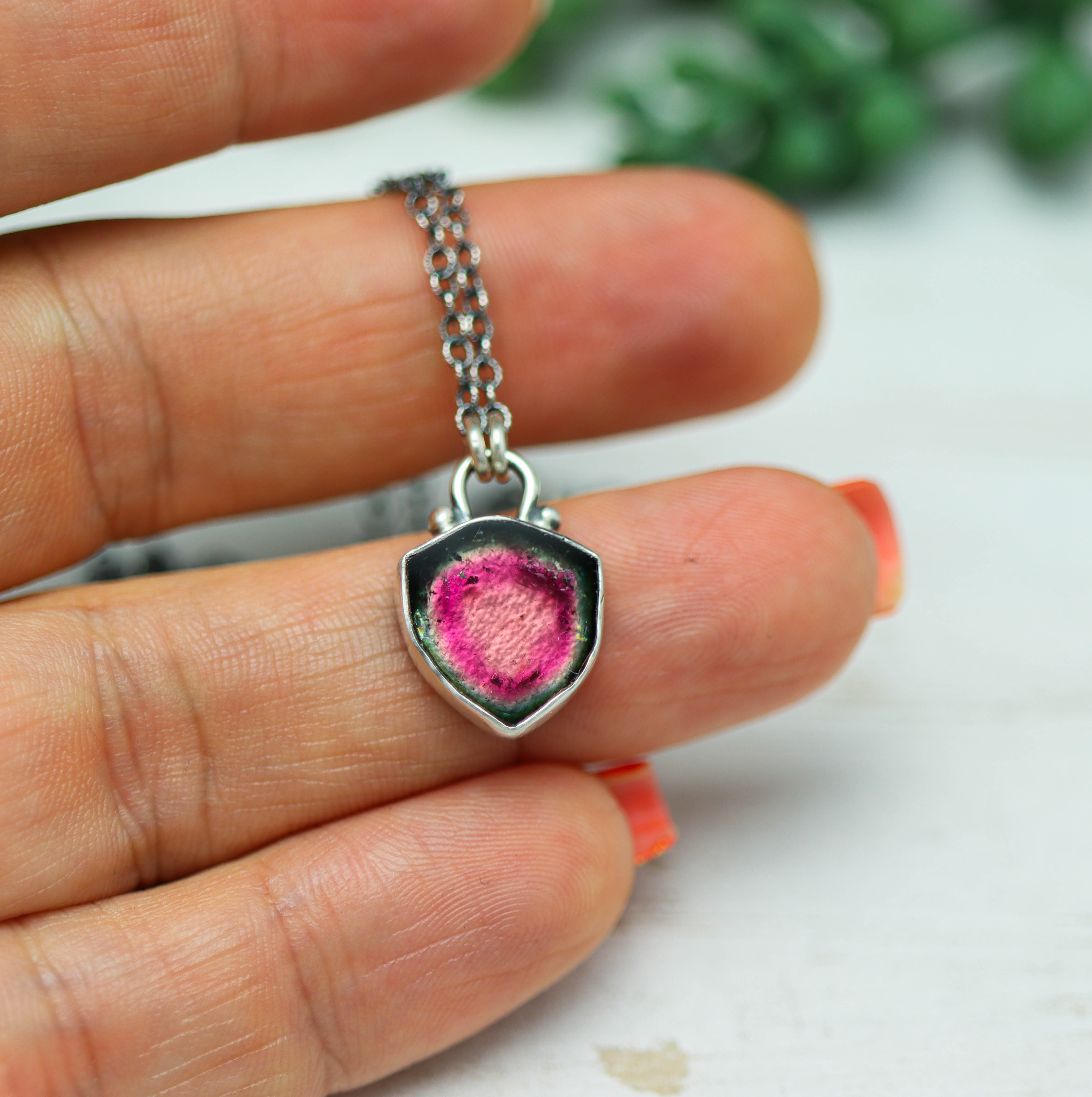 Watermelon Tourmaline Slice Pendant Necklace in Sterling Silver