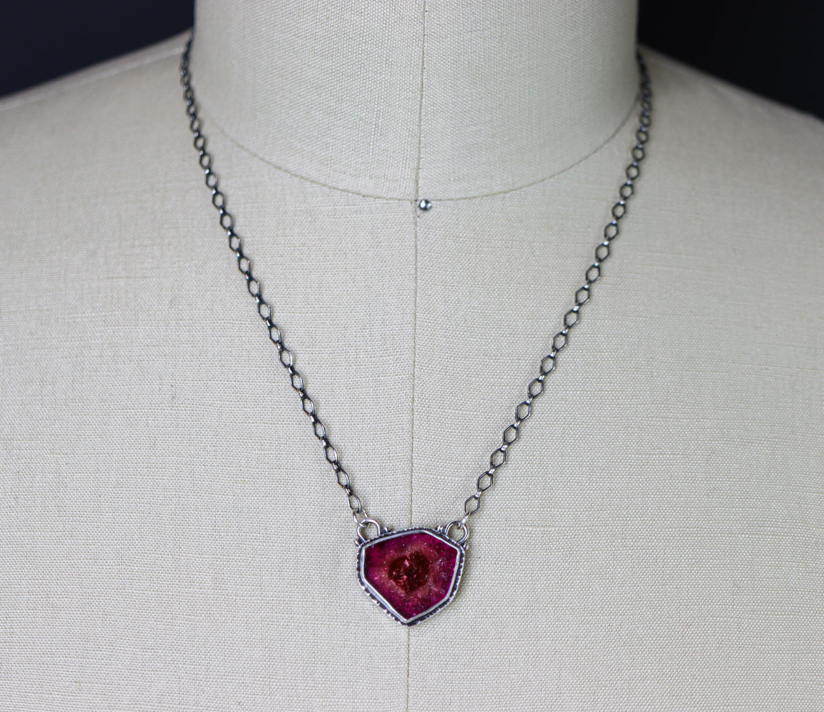 Pink Watermelon Tourmaline Slice Pendant Necklace in Sterling Silver