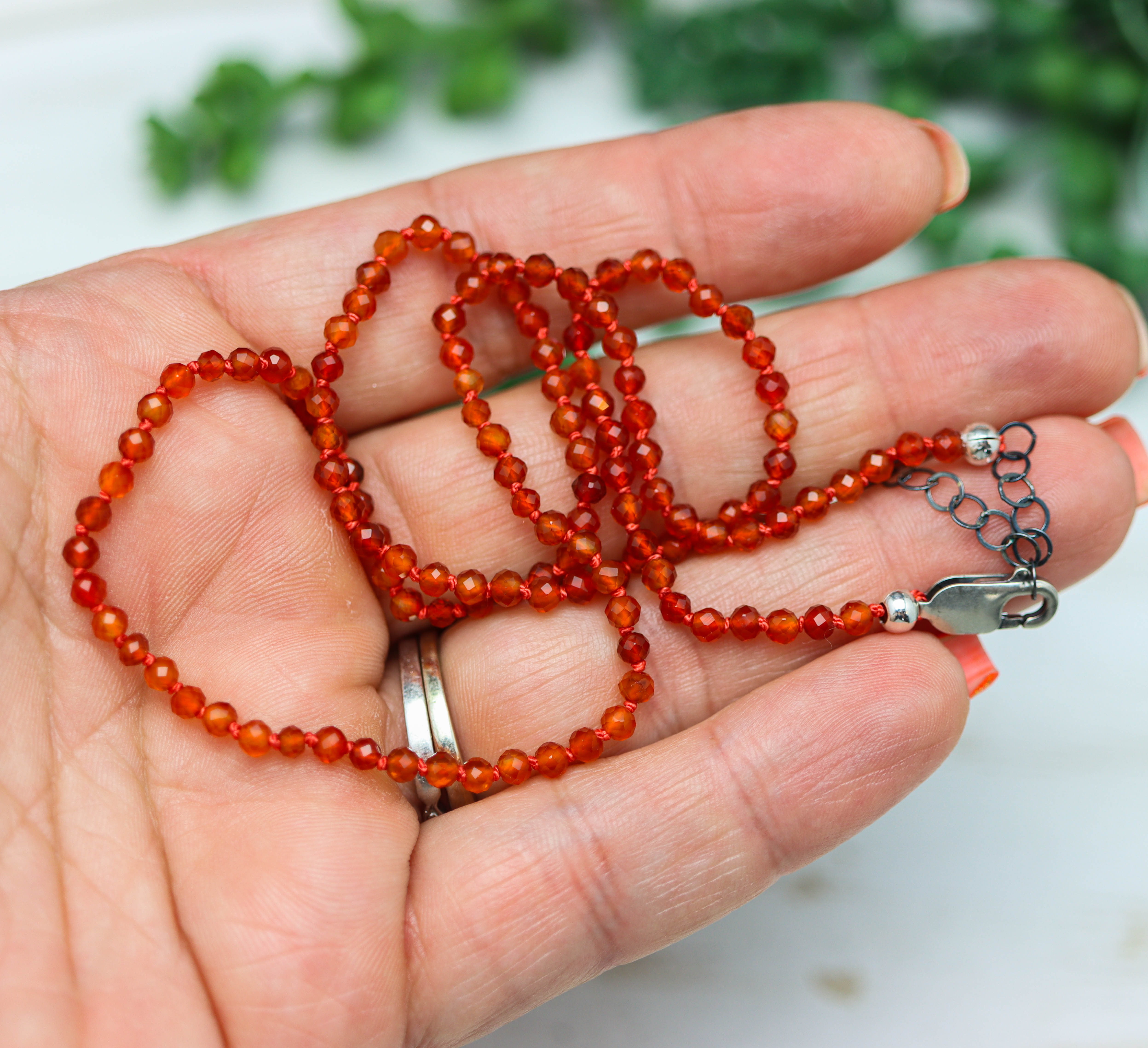 Juicy Orange Carnelian Hand Knotted Bead Necklace Sterling Silver