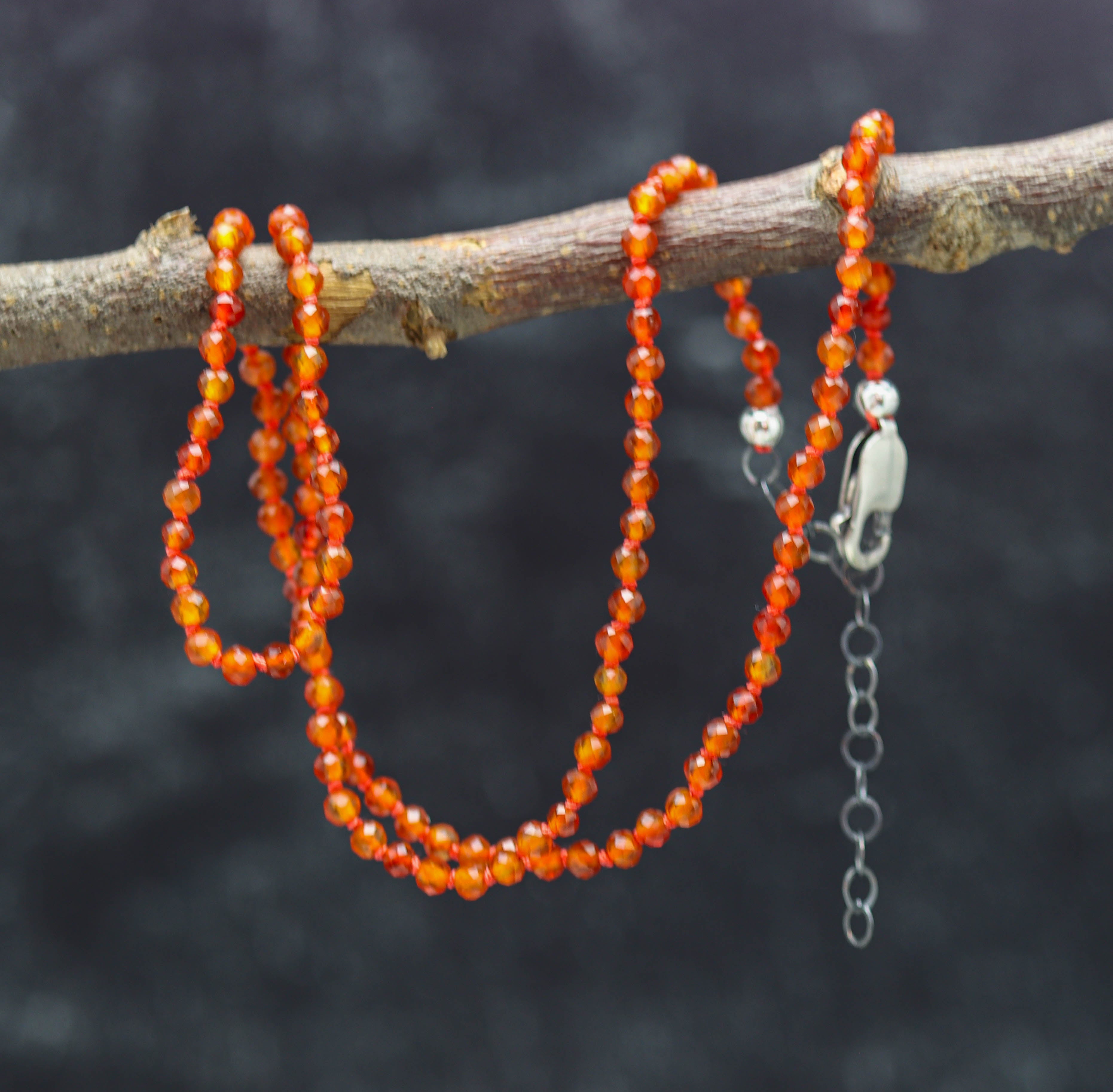 Juicy Orange Carnelian Hand Knotted Bead Necklace Sterling Silver