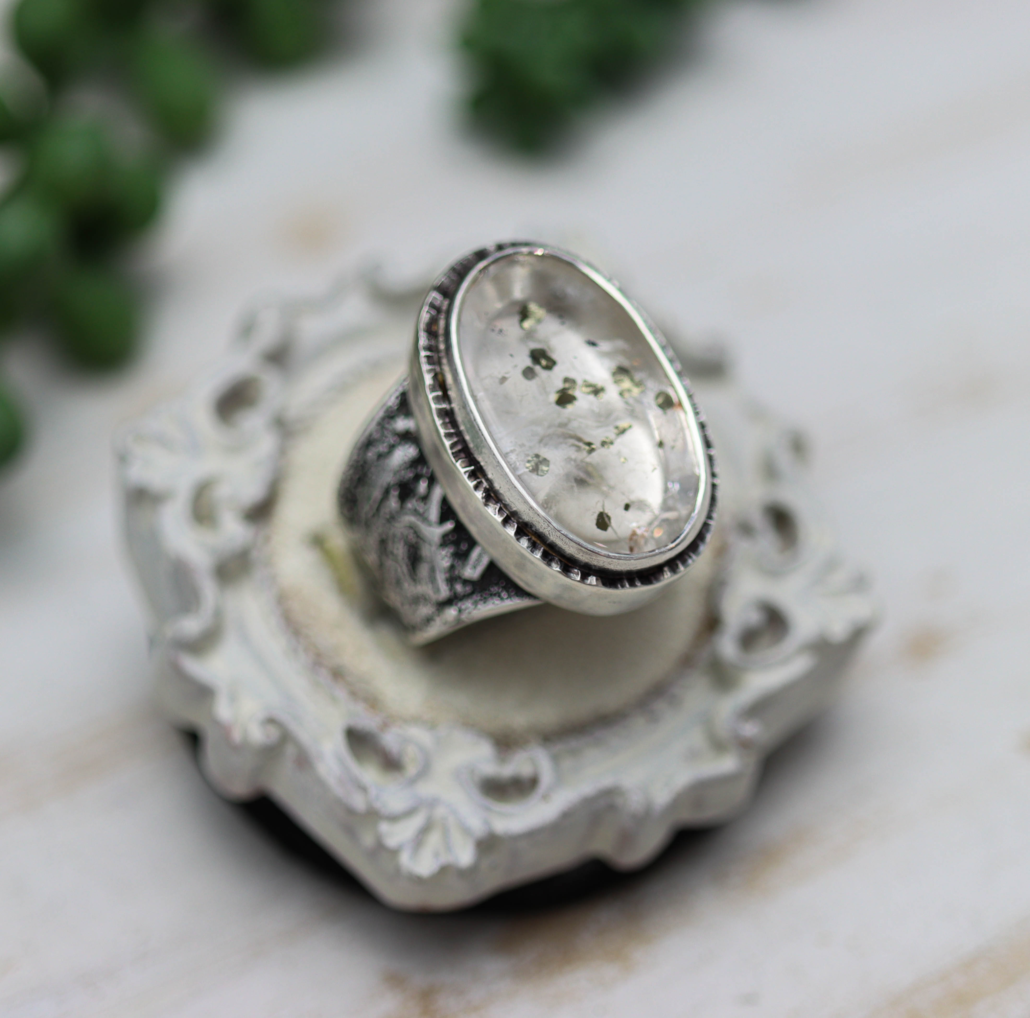 Marcasite Quartz Sterling Silver Wide Band Ring