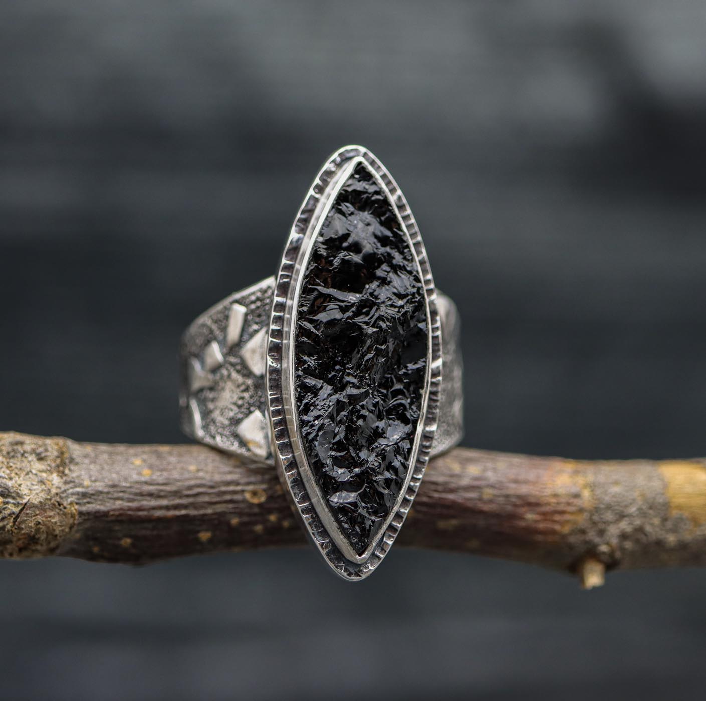 Black Tourmaline Sterling Silver Wide Band Ring