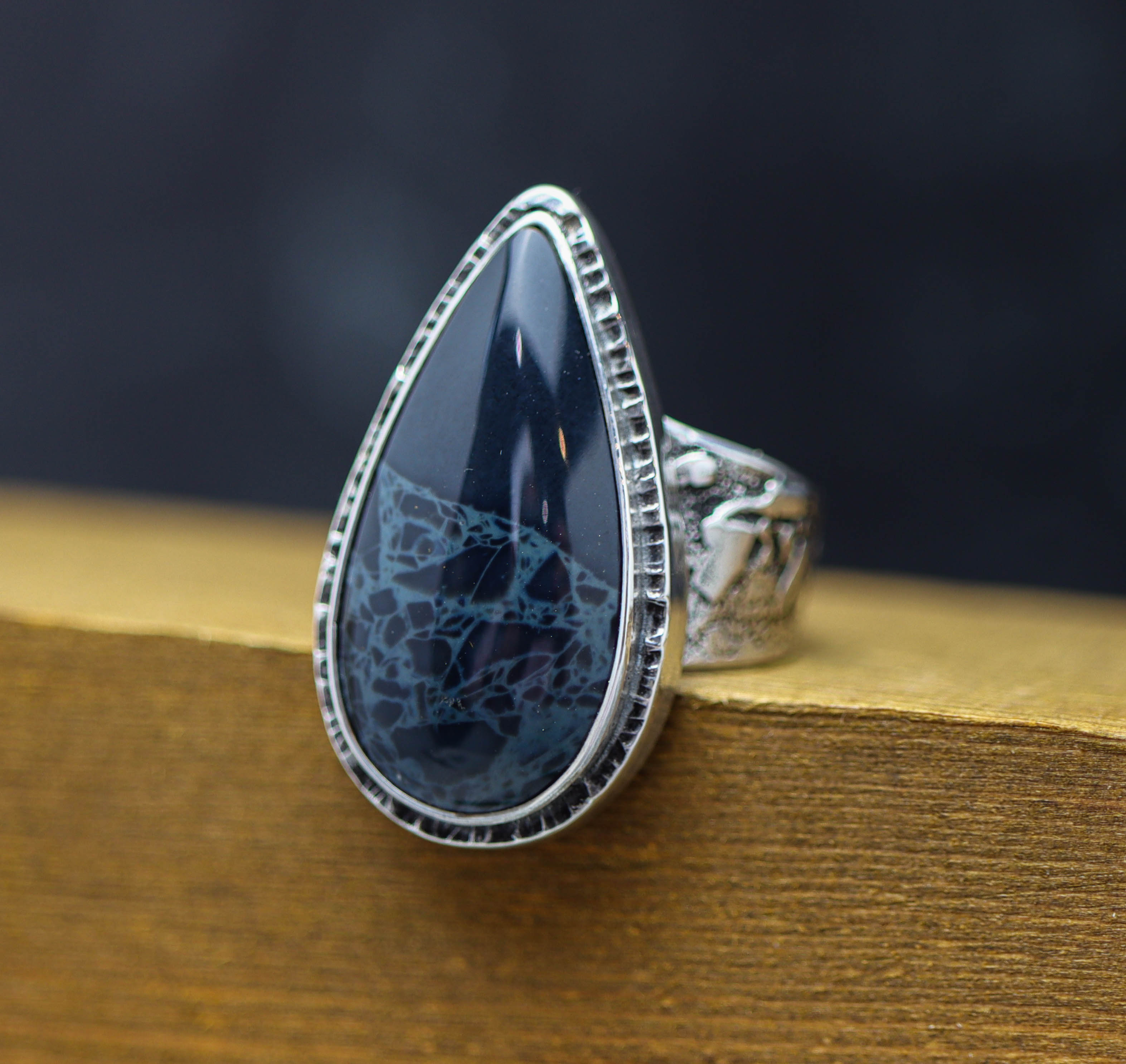 Spiderweb Obsidian Sterling Silver Wide Band Ring