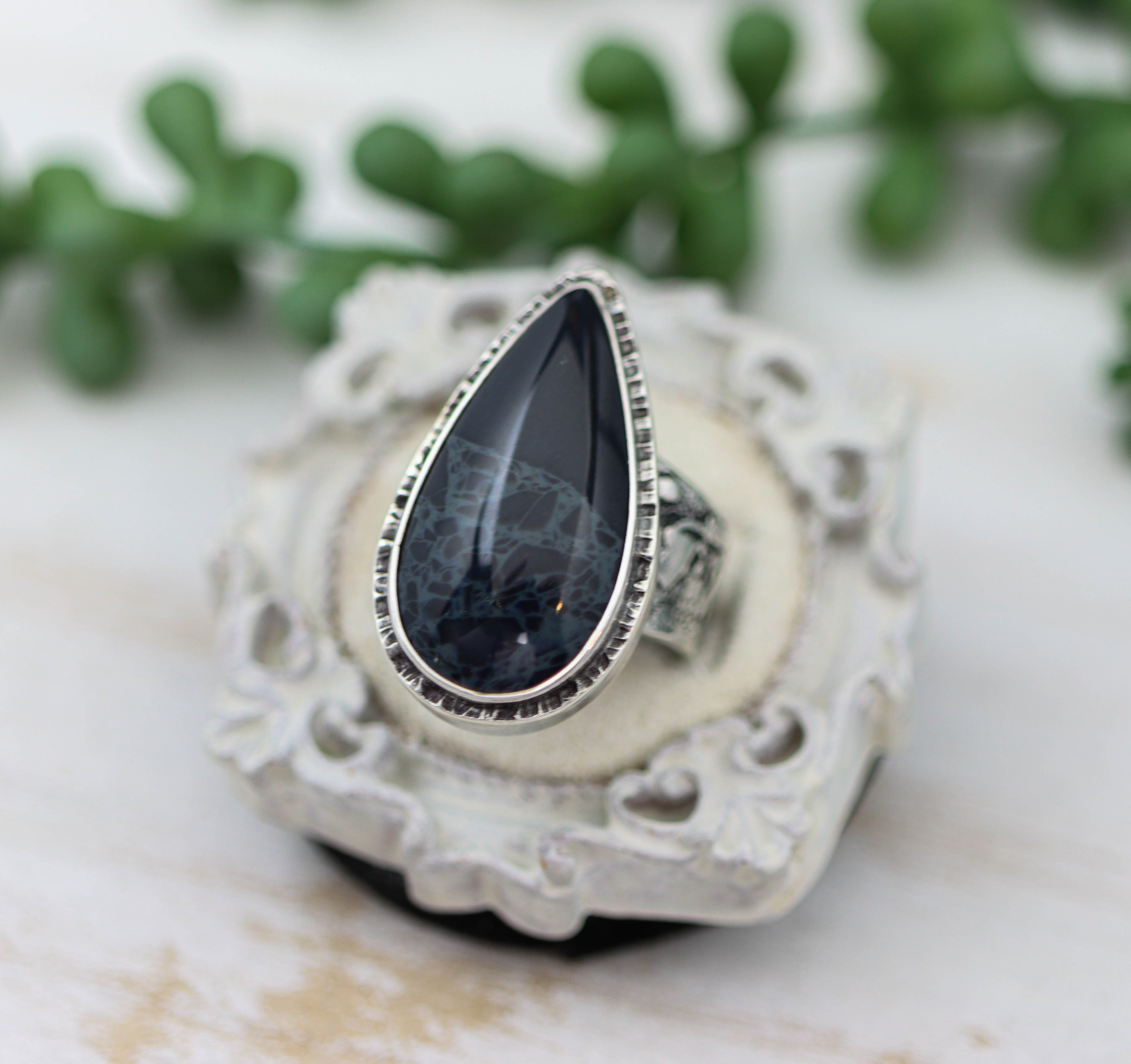 Spiderweb Obsidian Sterling Silver Wide Band Ring