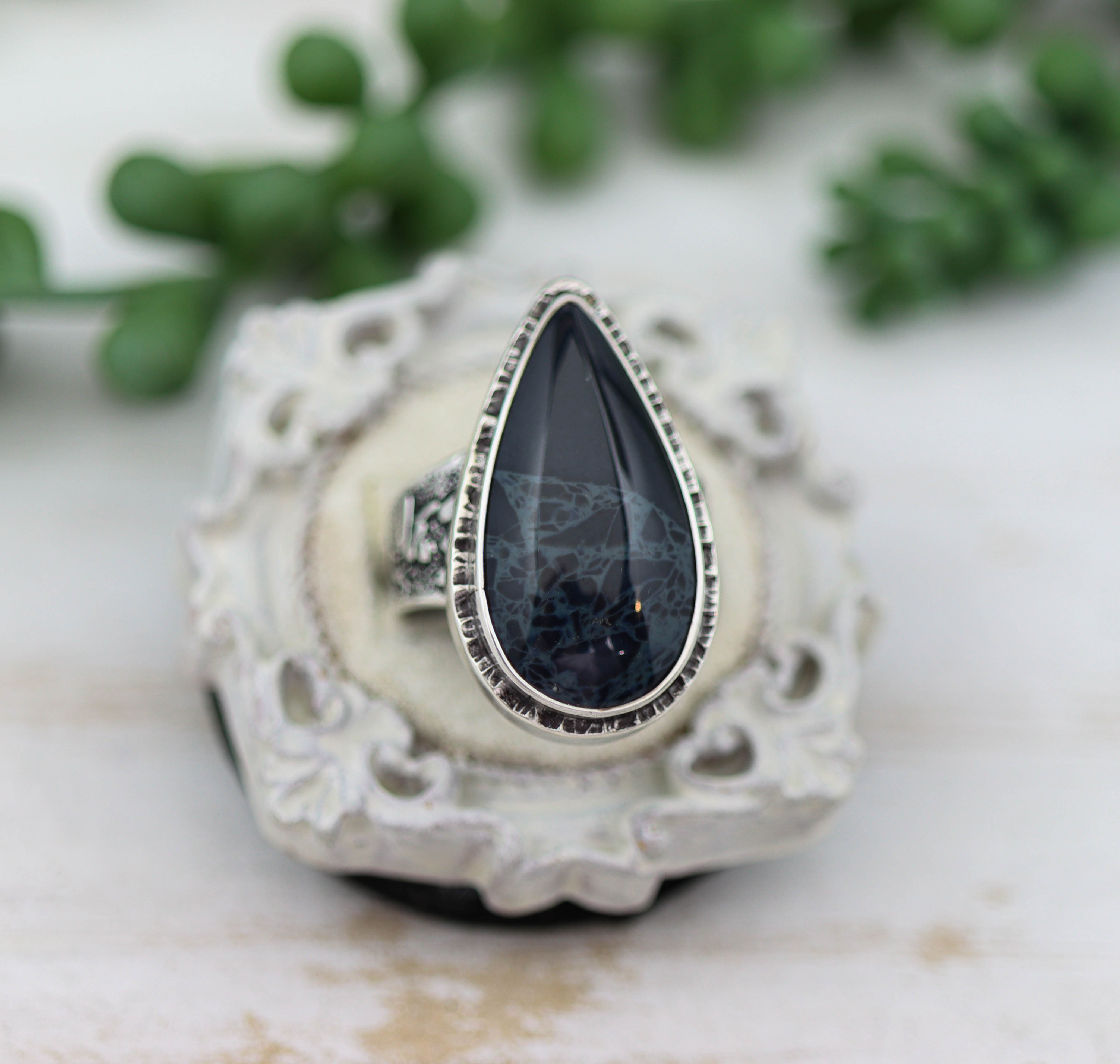 Spiderweb Obsidian Sterling Silver Wide Band Ring