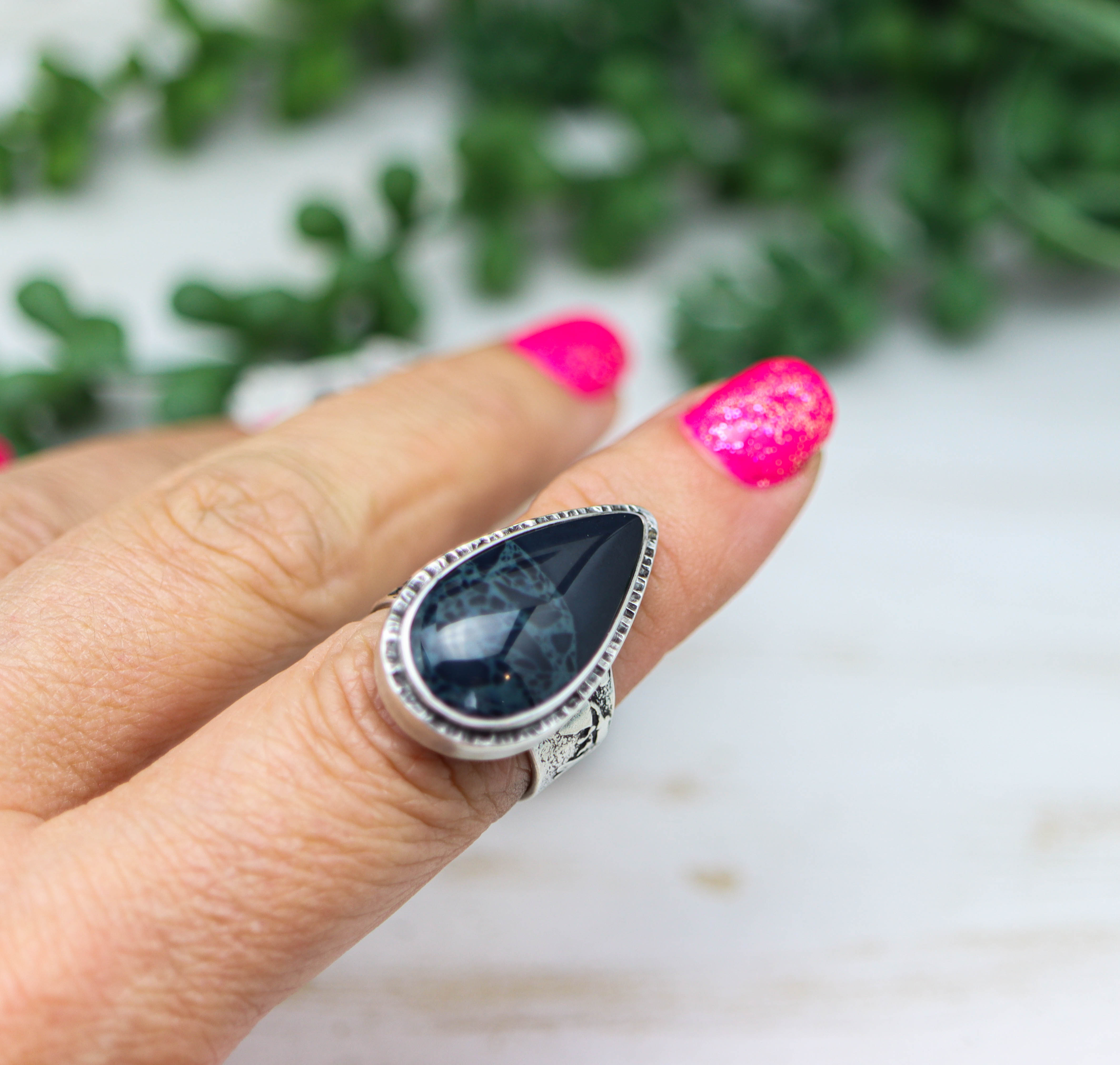 Spiderweb Obsidian Sterling Silver Wide Band Ring