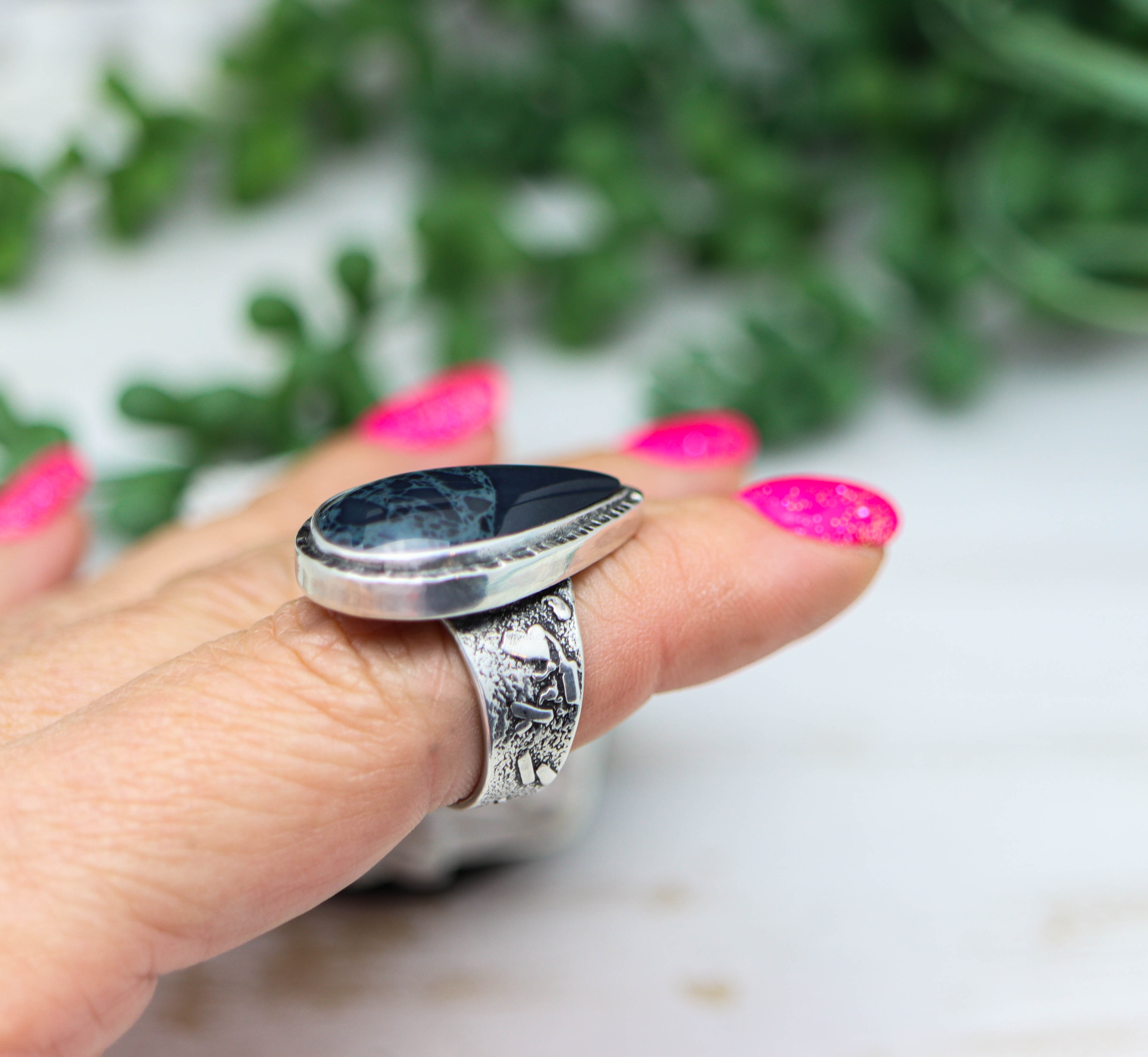 Spiderweb Obsidian Sterling Silver Wide Band Ring