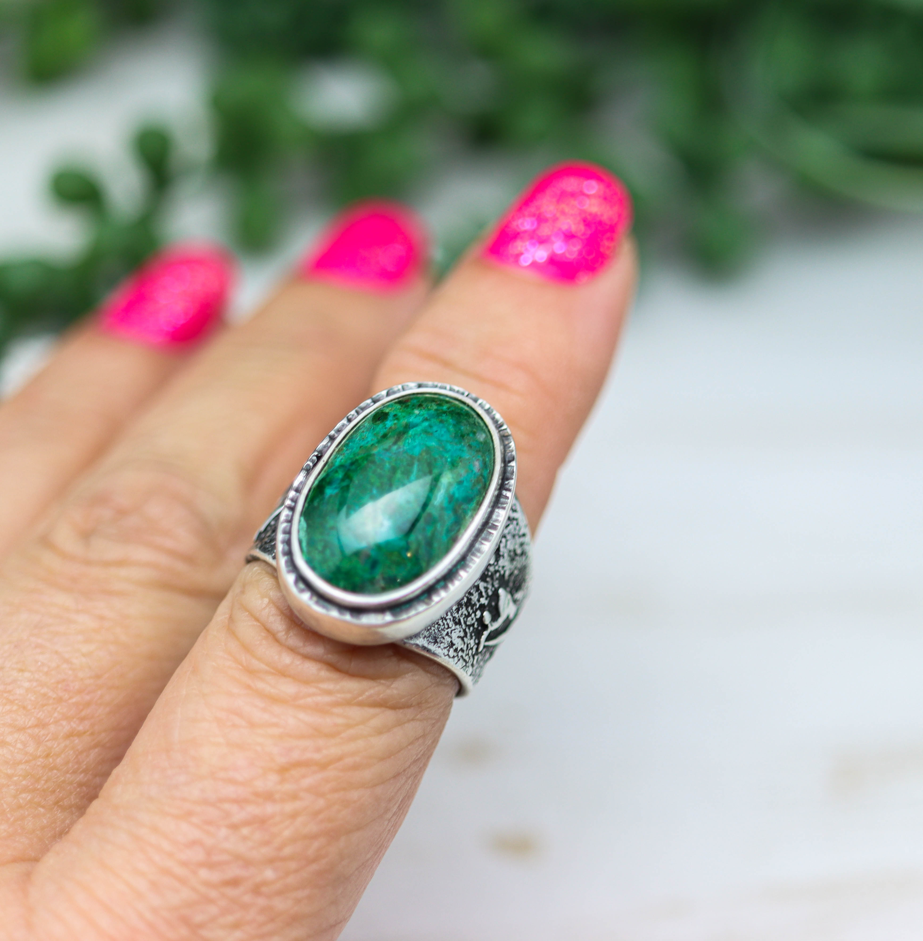 Chrysocolla in Quartz Sterling Silver Wide Band Ring
