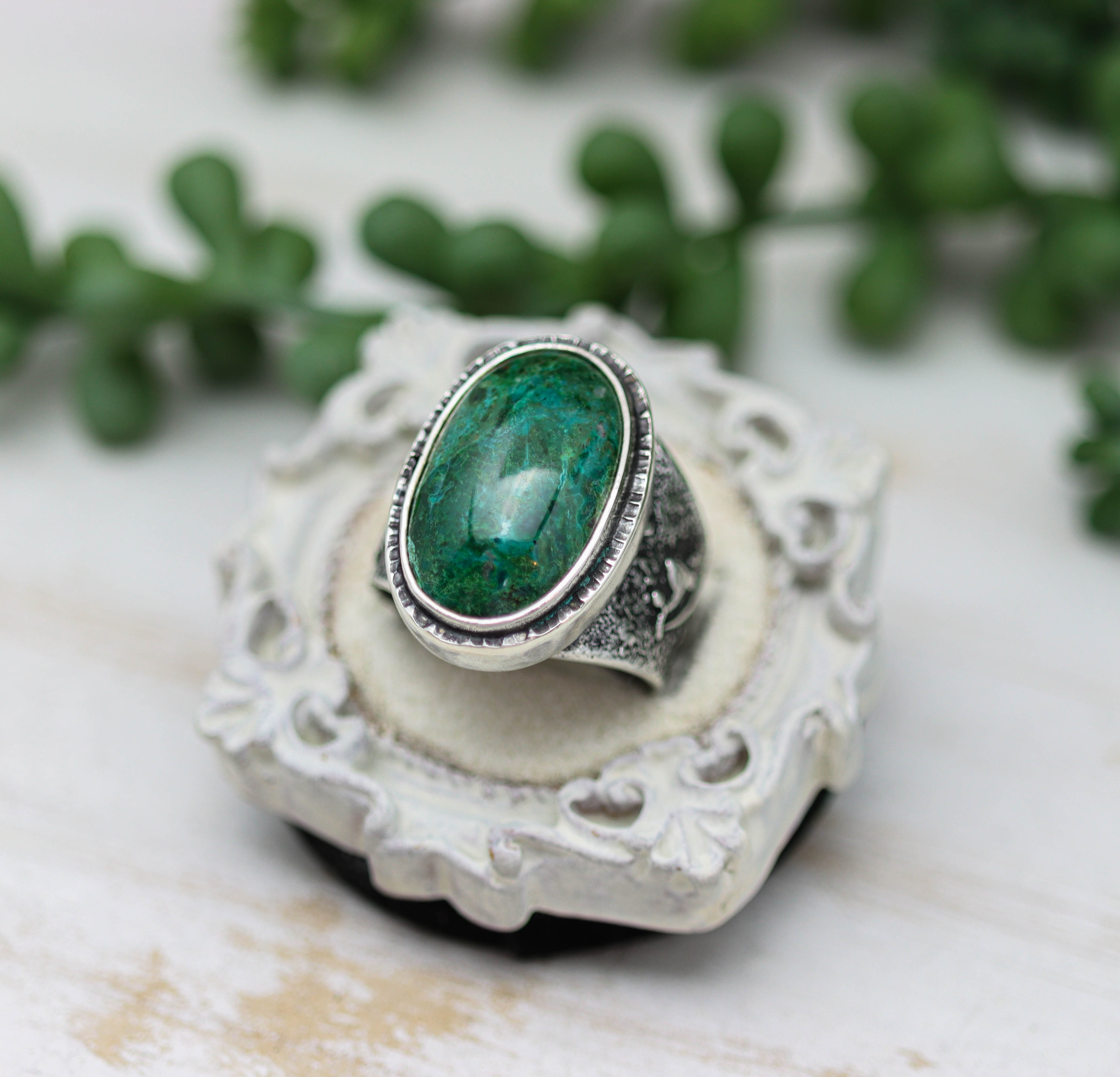 Chrysocolla in Quartz Sterling Silver Wide Band Ring