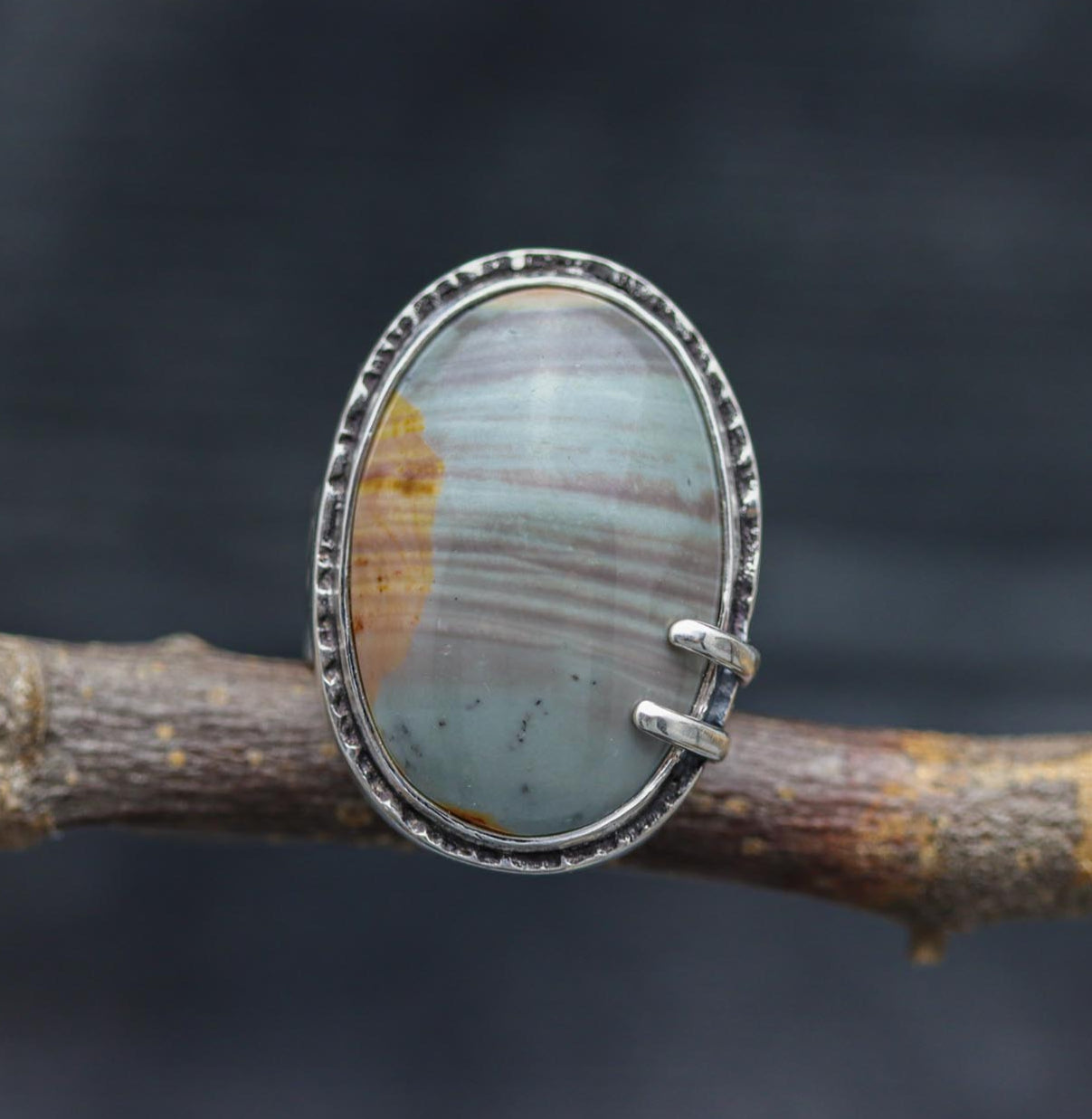 A polychrome jasper gemstone ring with a sterling silver wide band, set in a double bezel setting, displayed on a rustic wooden branch.