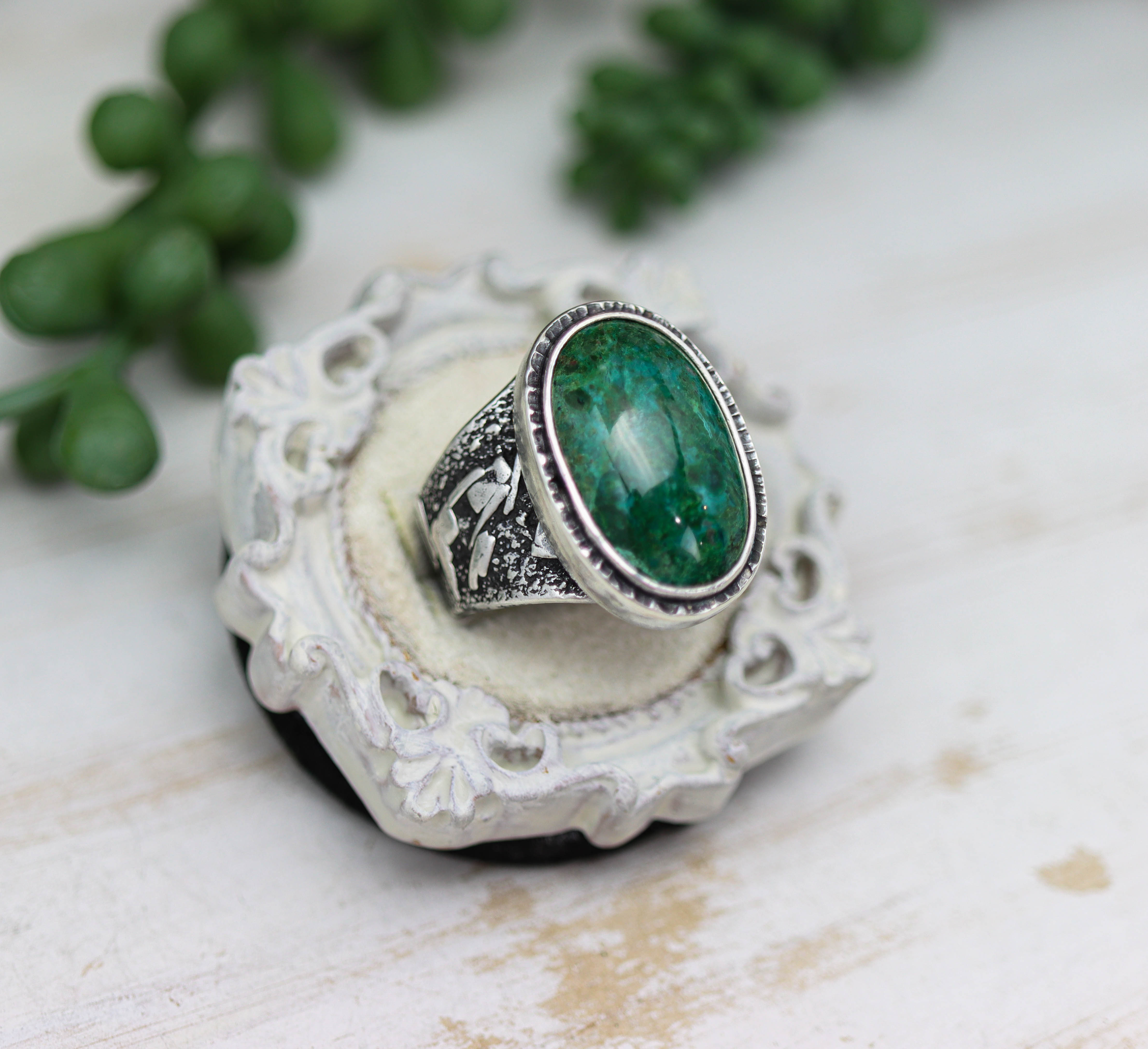 Chrysocolla in Quartz Sterling Silver Wide Band Ring