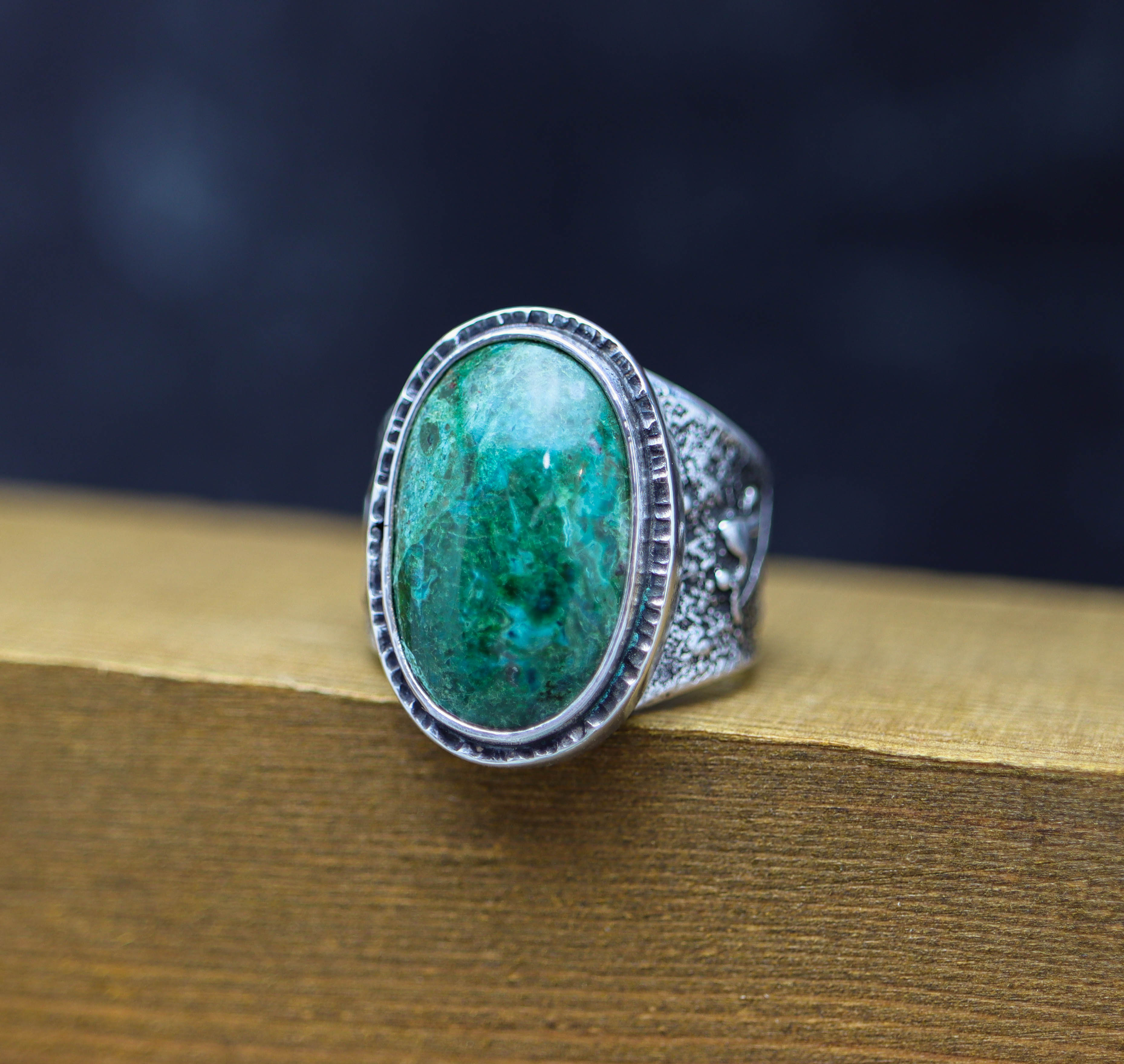 Chrysocolla in Quartz Sterling Silver Wide Band Ring