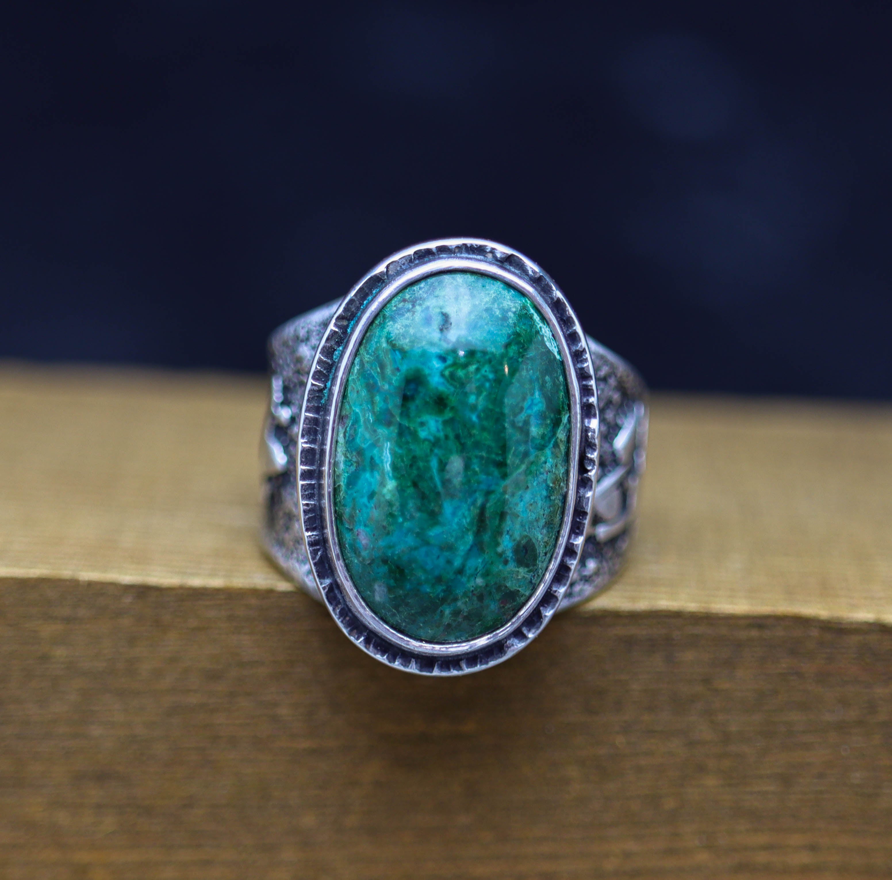Chrysocolla in Quartz Sterling Silver Wide Band Ring