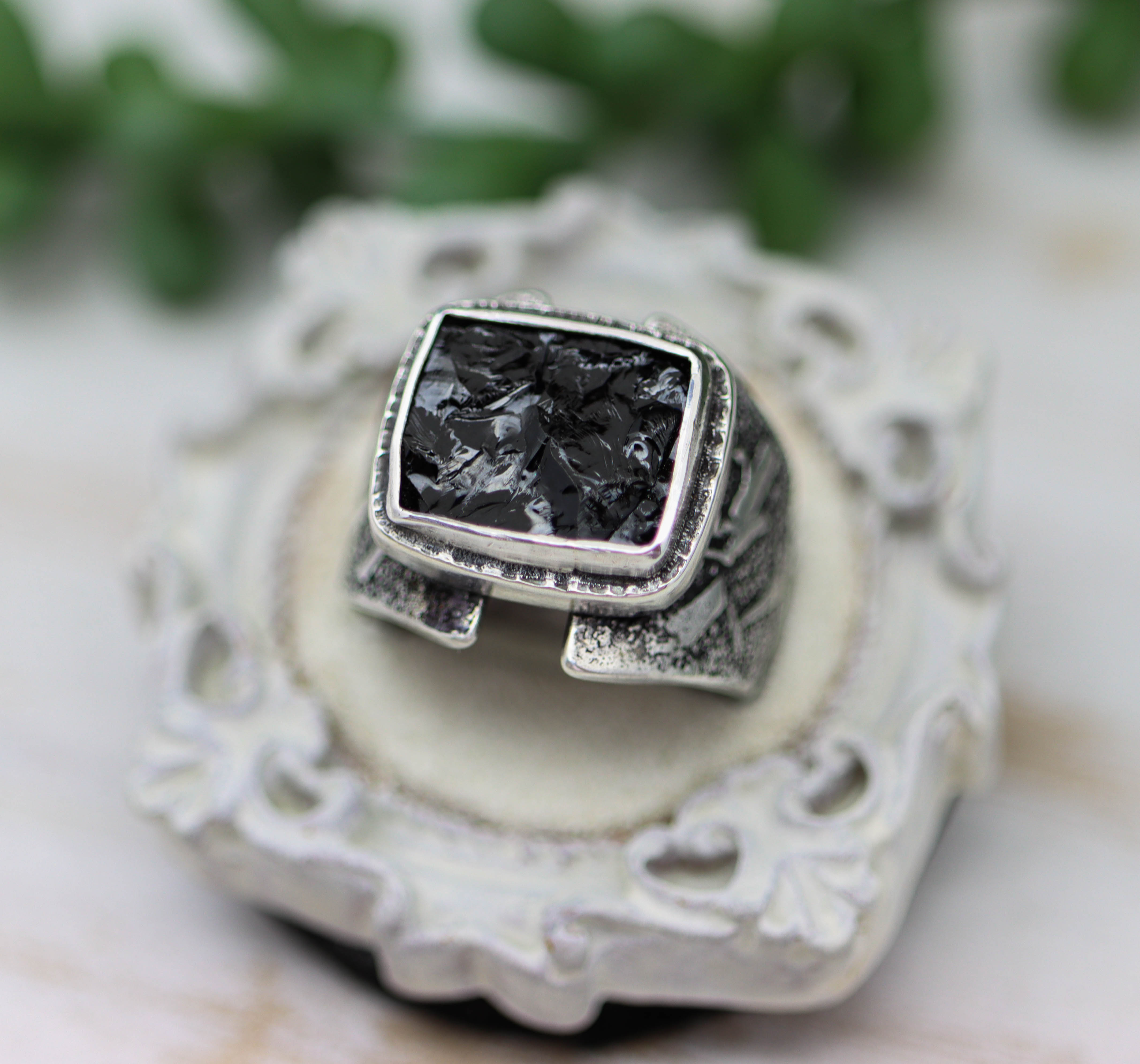 Raw Natural Surface Black Tourmaline Sterling Silver Wide Band Ring