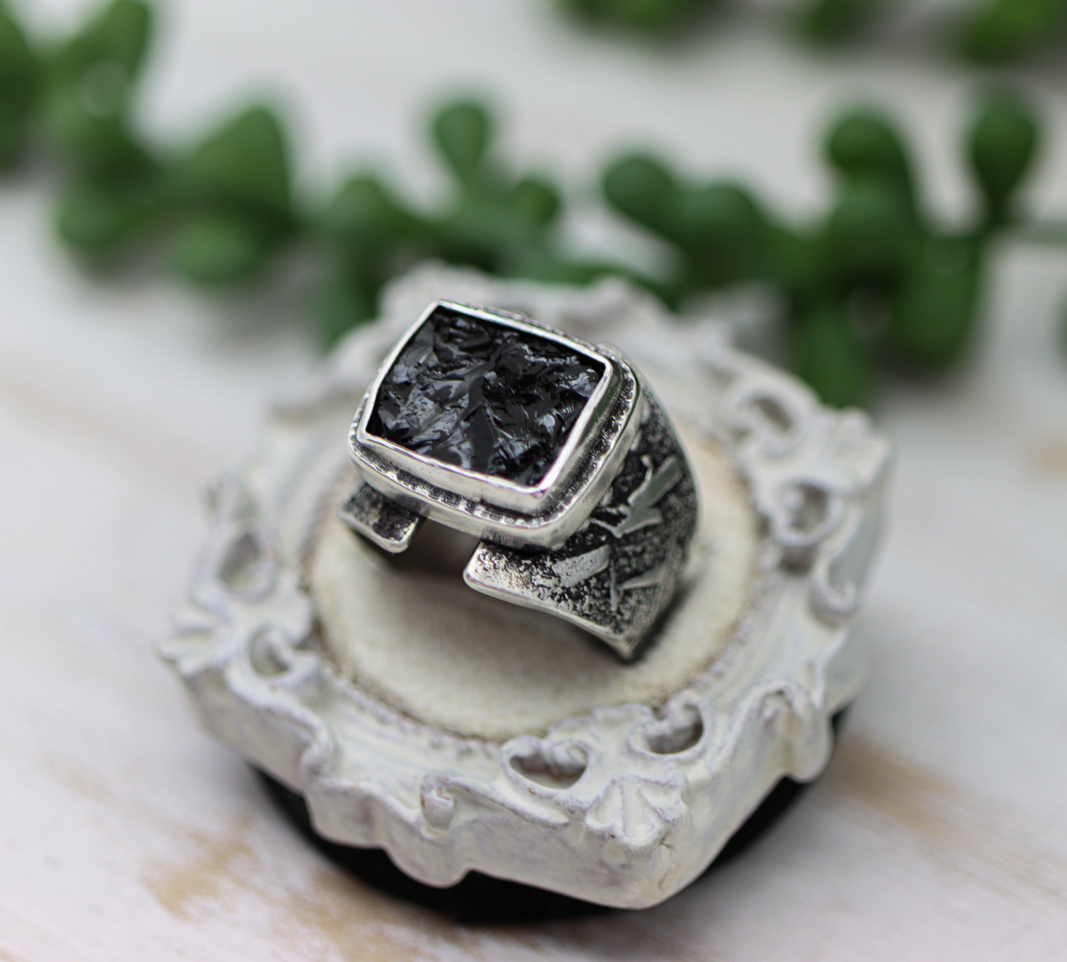 Raw Natural Surface Black Tourmaline Sterling Silver Wide Band Ring