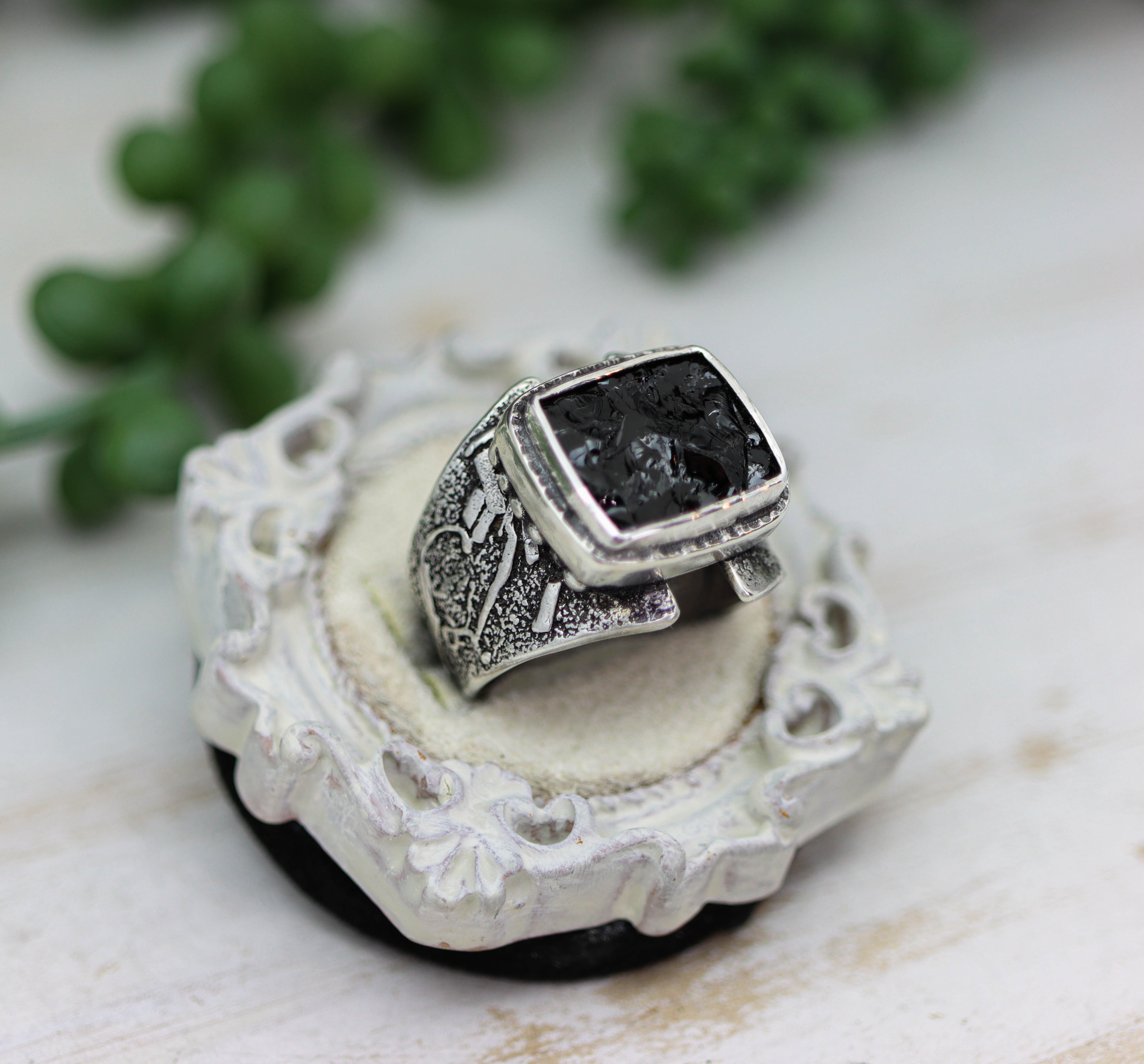 Raw Natural Surface Black Tourmaline Sterling Silver Wide Band Ring