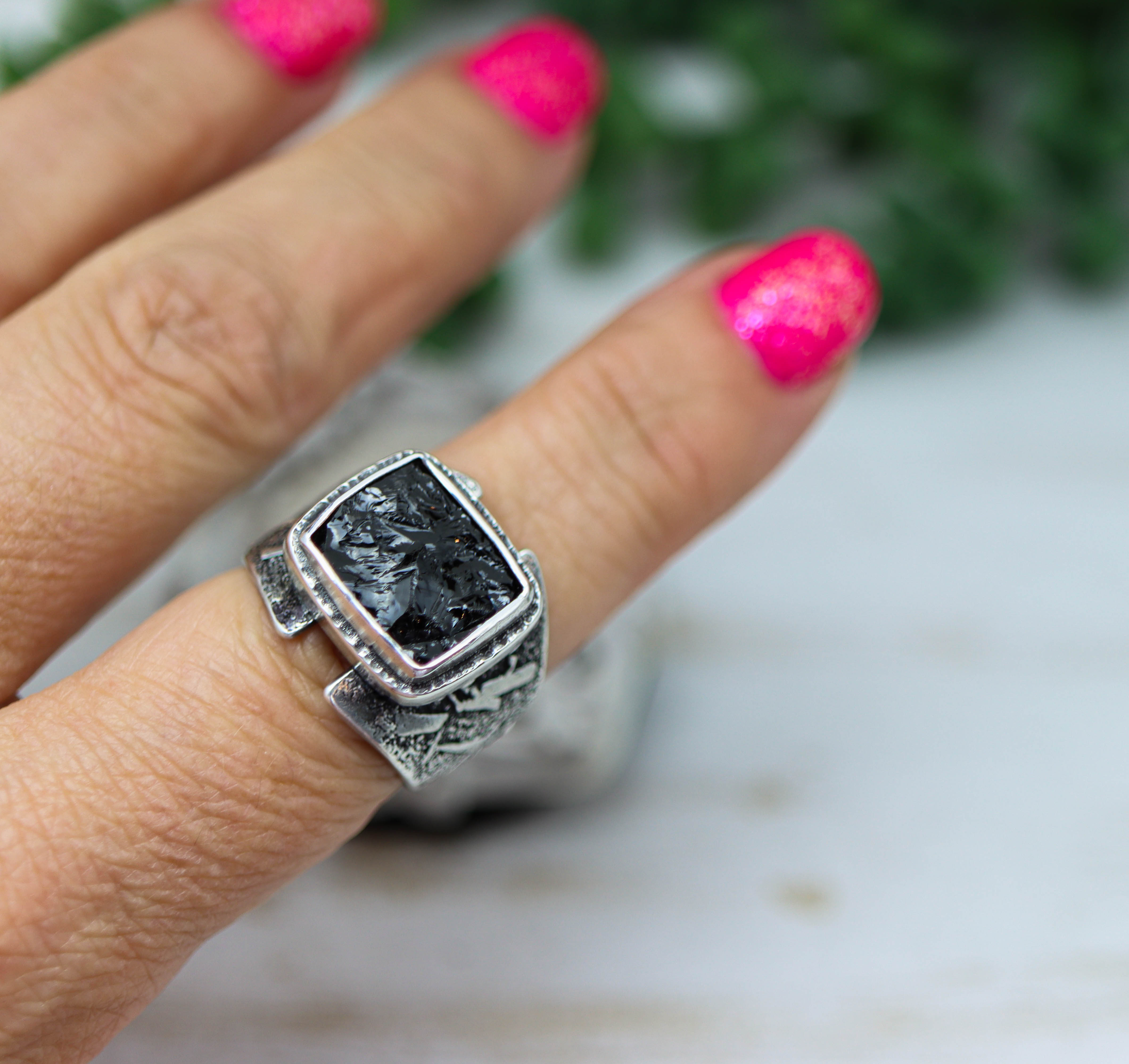 Raw Natural Surface Black Tourmaline Sterling Silver Wide Band Ring