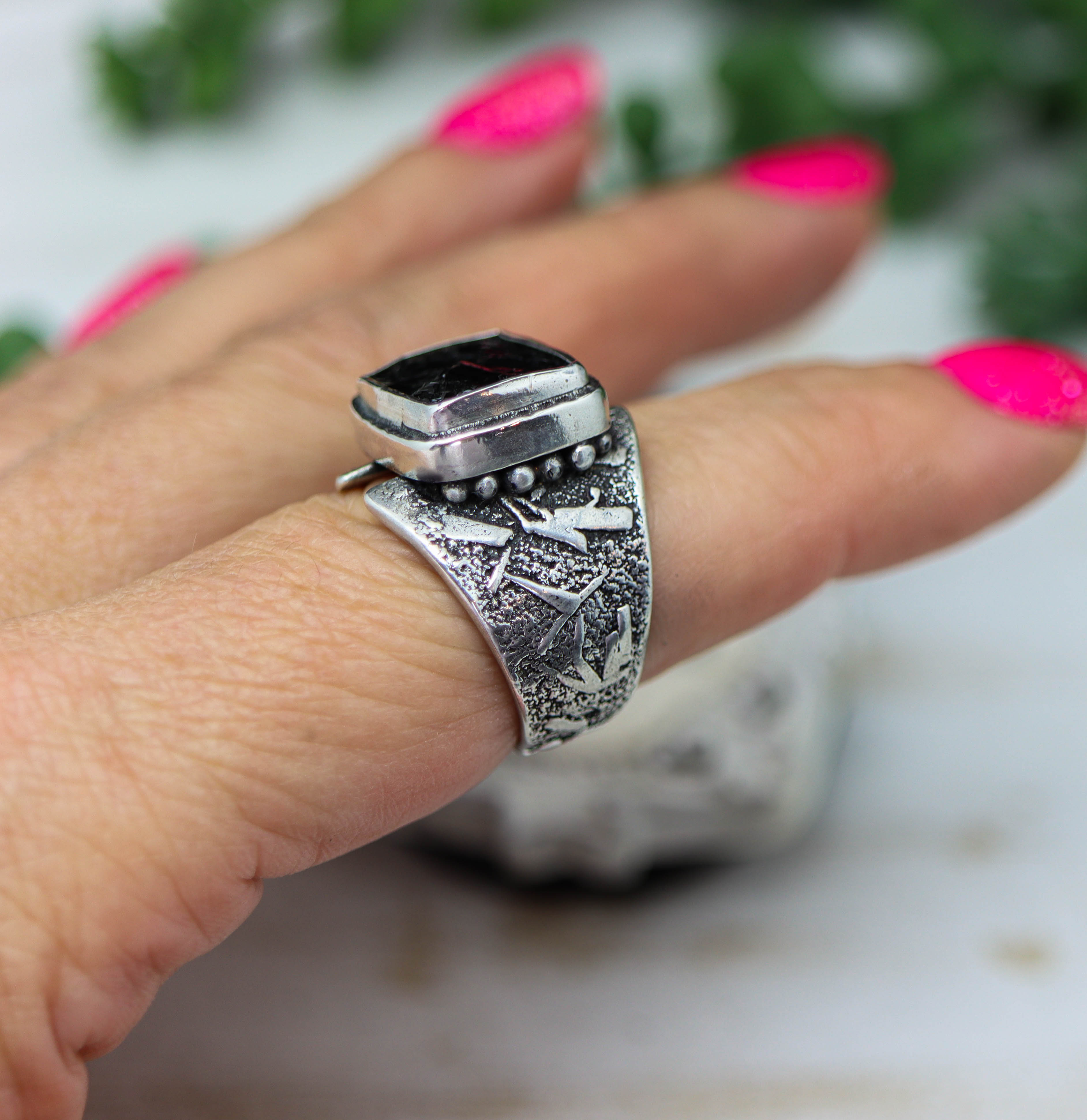 Raw Natural Surface Black Tourmaline Sterling Silver Wide Band Ring
