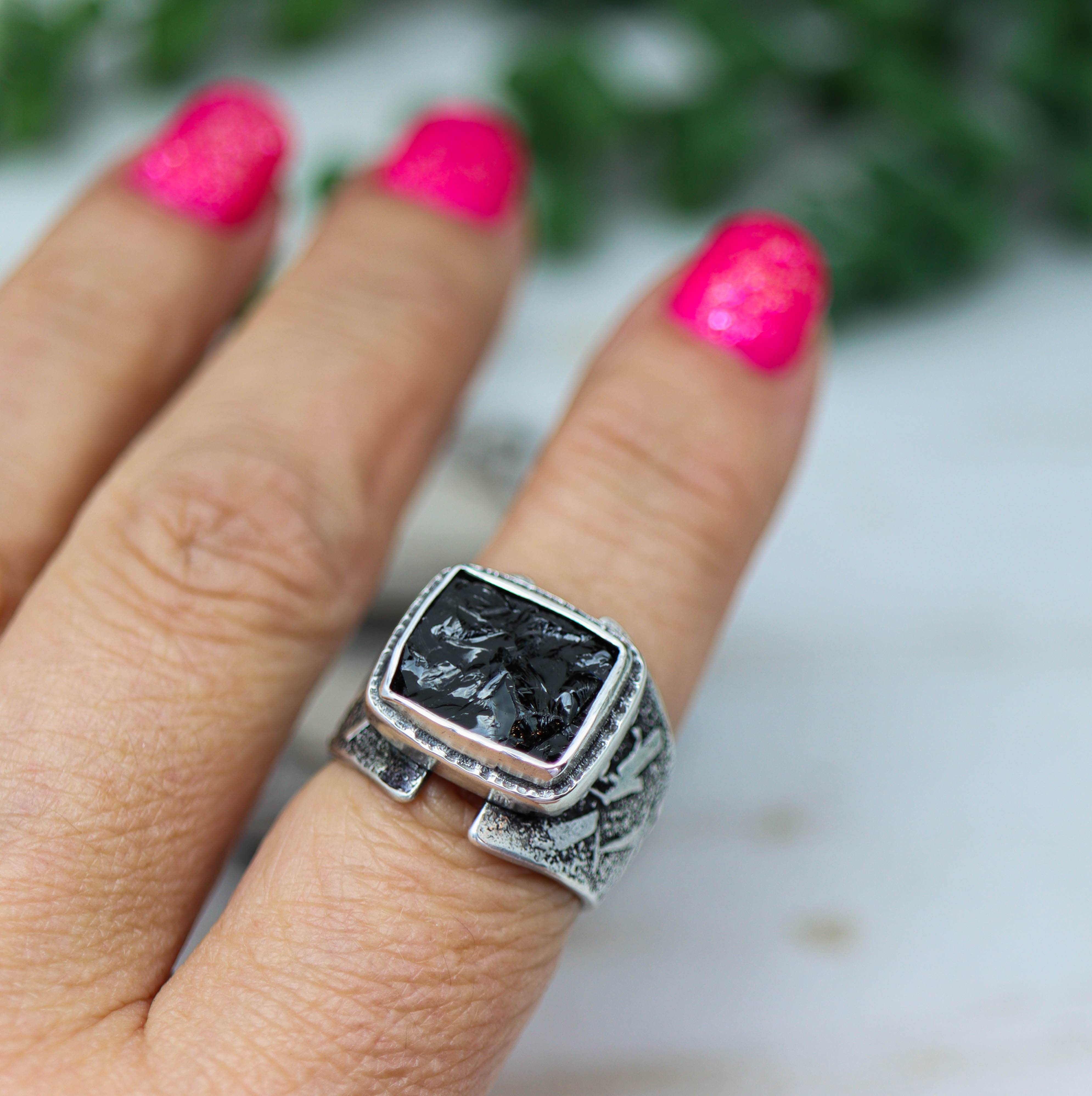 Raw Natural Surface Black Tourmaline Sterling Silver Wide Band Ring
