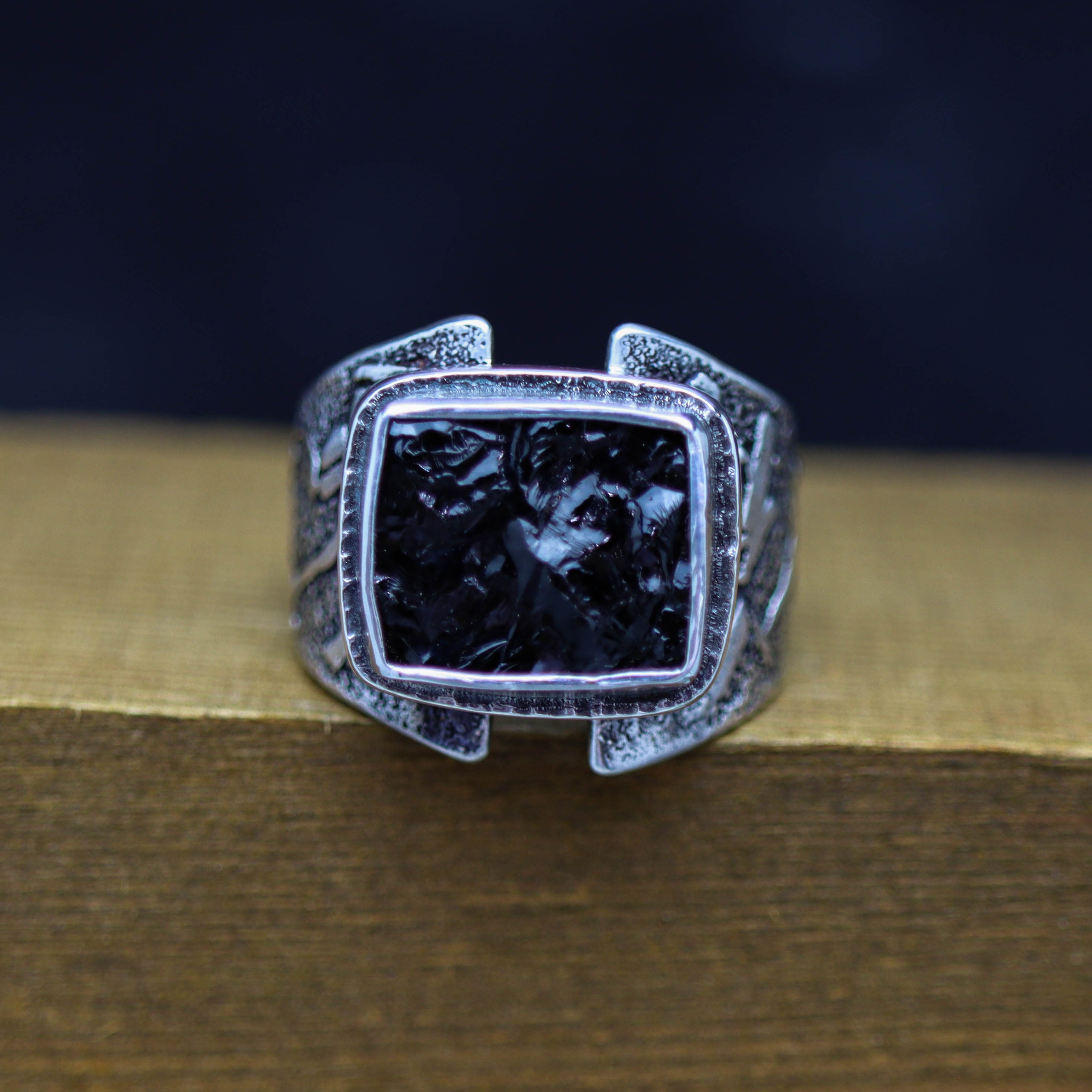 Raw Natural Surface Black Tourmaline Sterling Silver Wide Band Ring