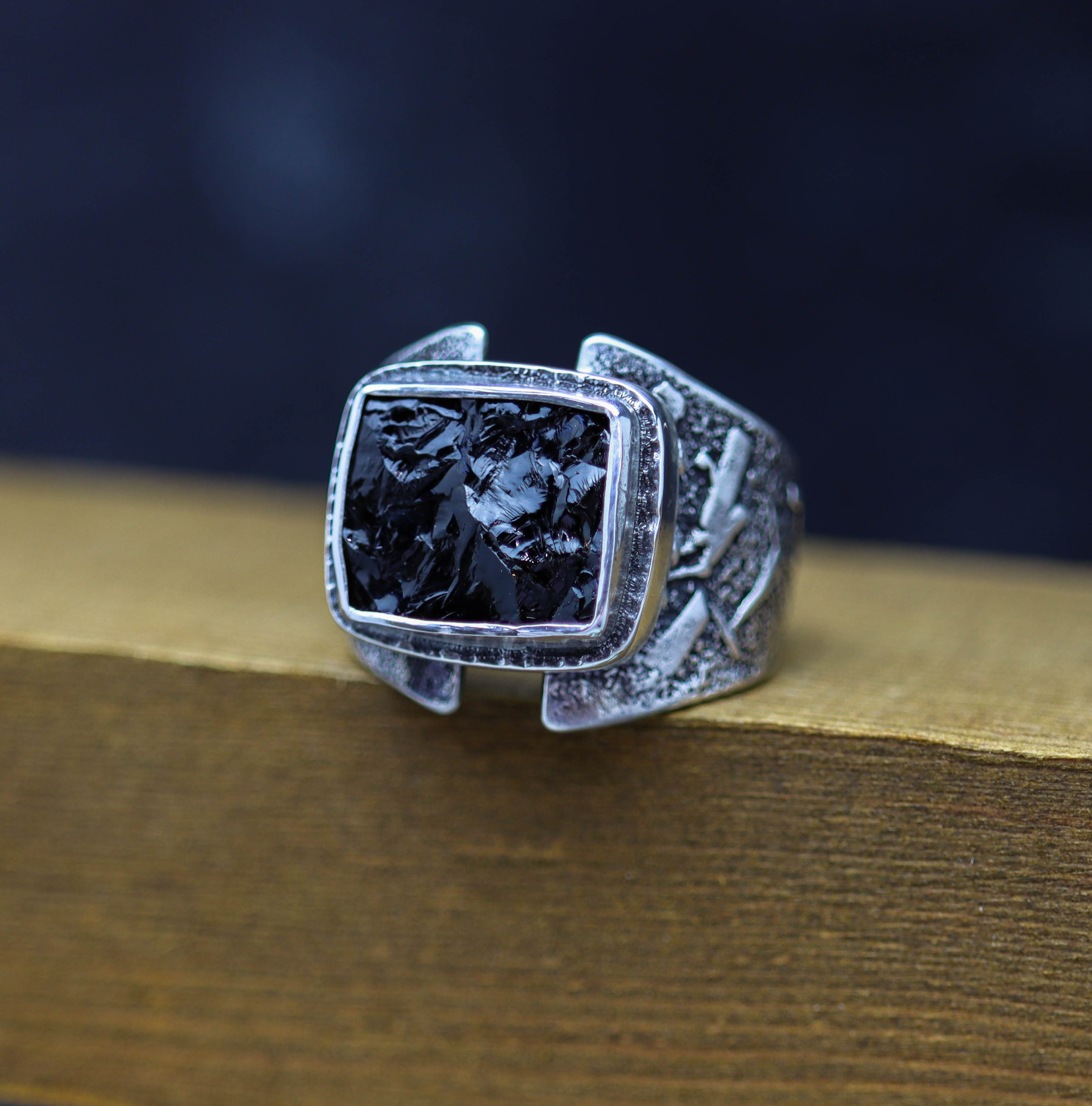 Raw Natural Surface Black Tourmaline Sterling Silver Wide Band Ring