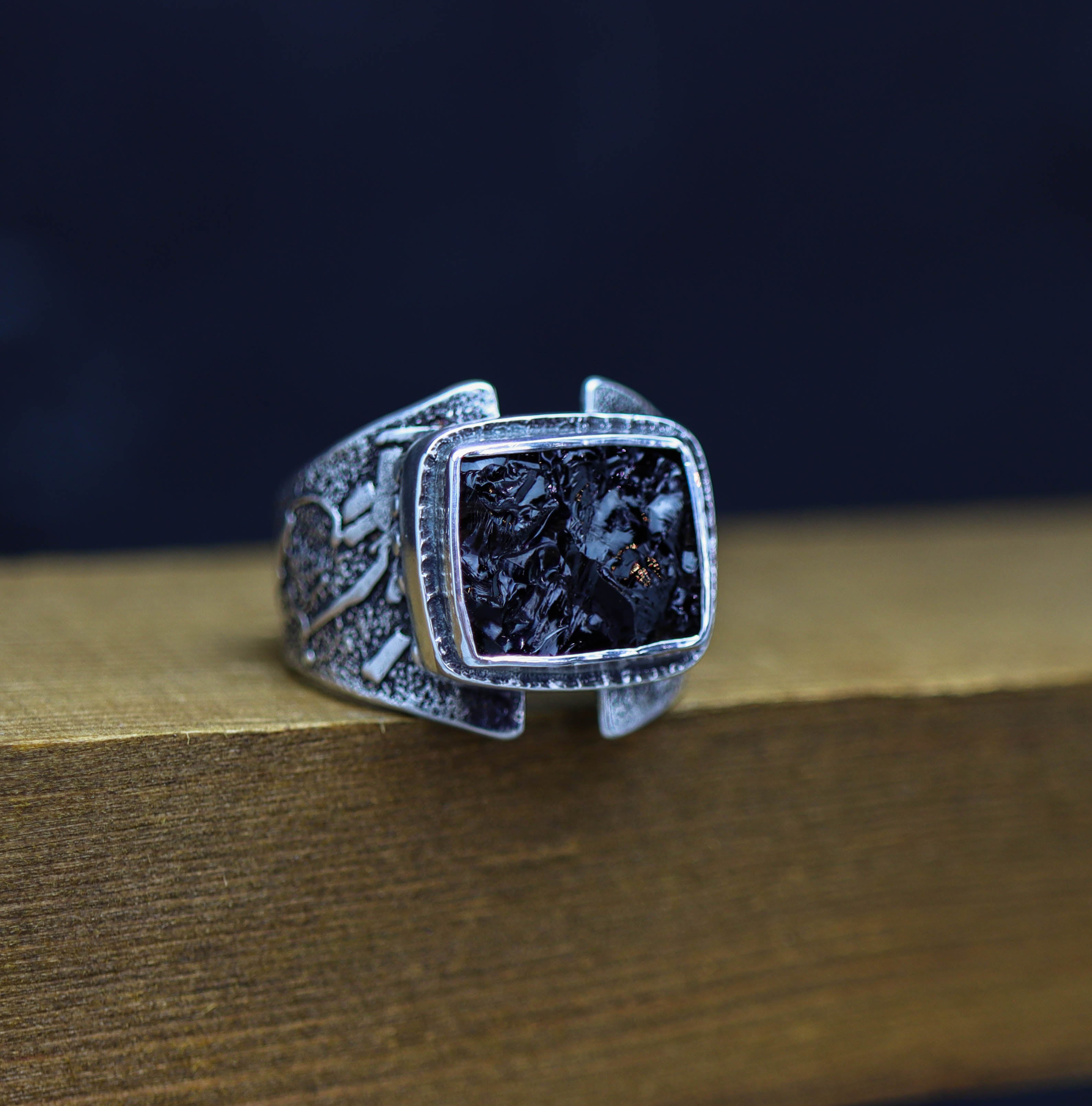 Raw Natural Surface Black Tourmaline Sterling Silver Wide Band Ring