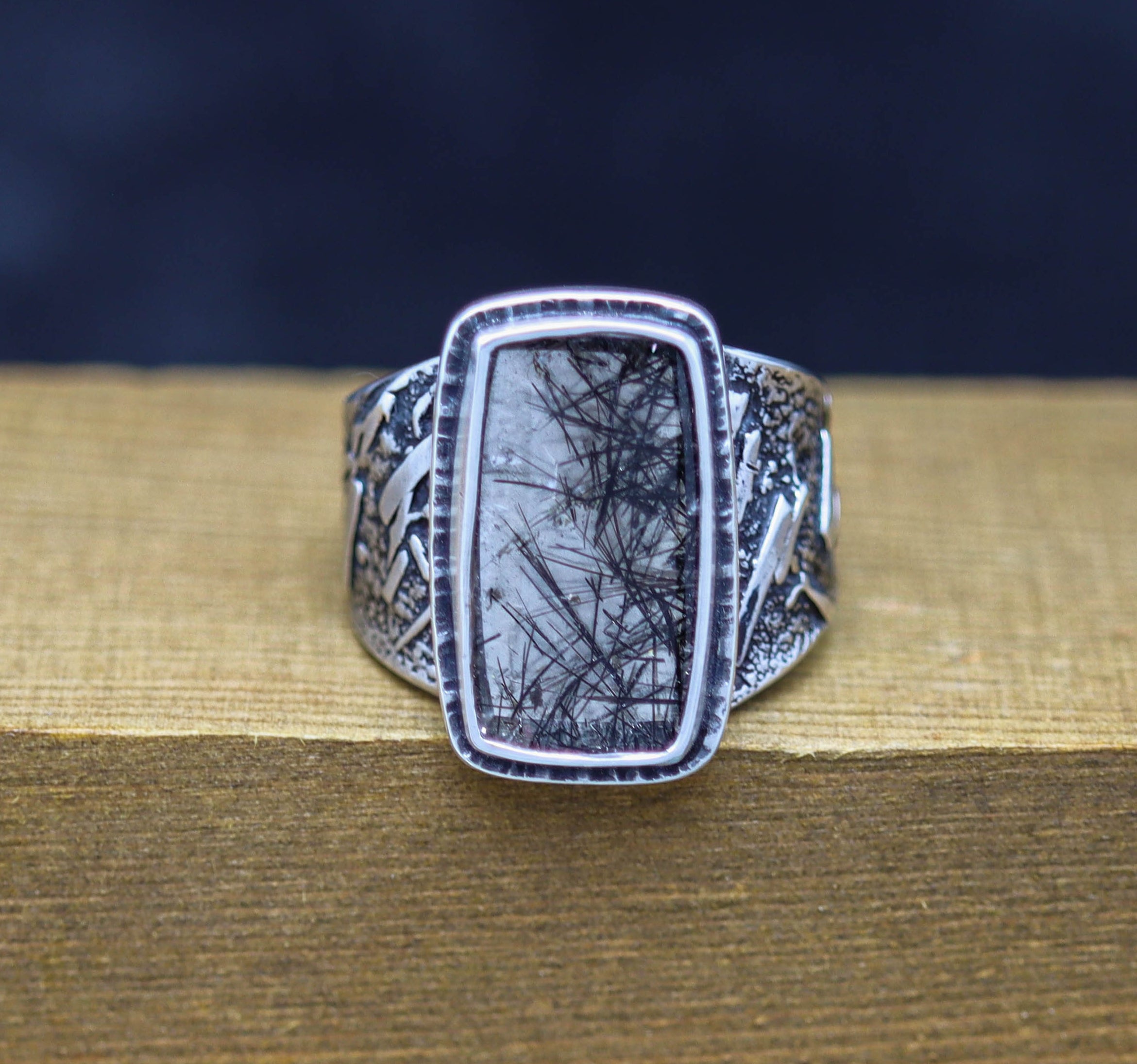 Black Tourmalinated Quartz Sterling Silver Wide Band Ring