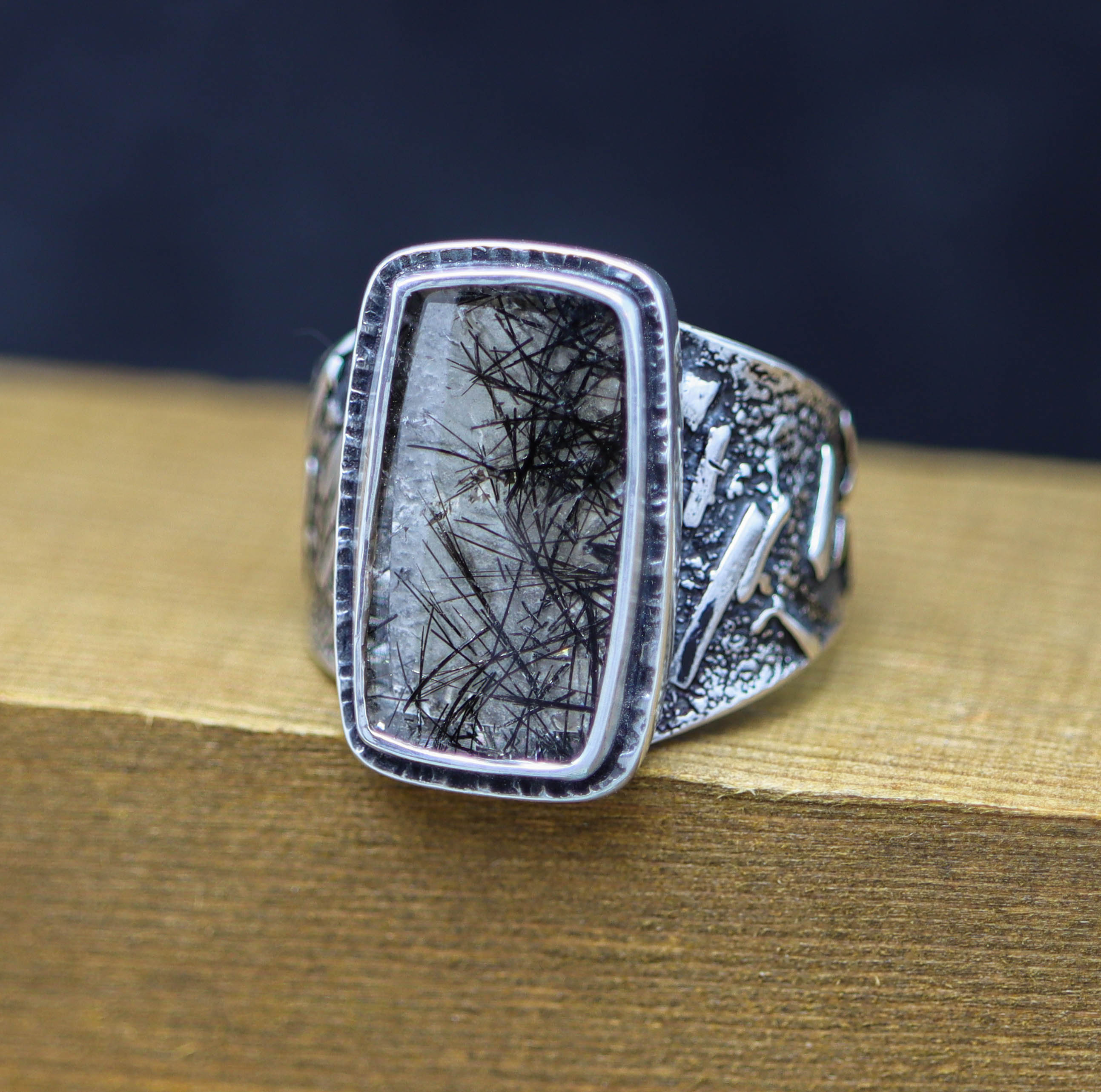 Black Tourmalinated Quartz Sterling Silver Wide Band Ring