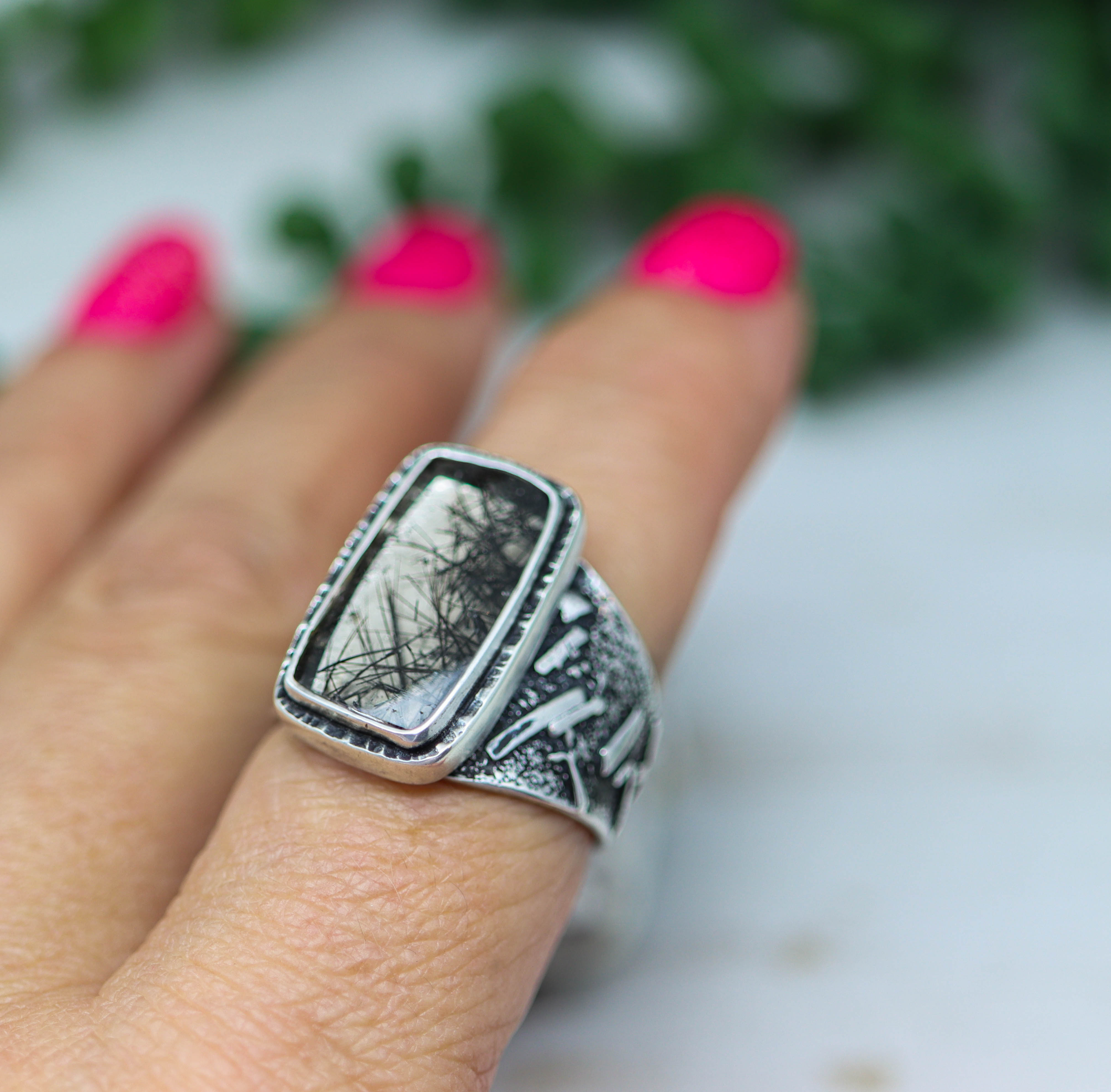 Black Tourmalinated Quartz Sterling Silver Wide Band Ring