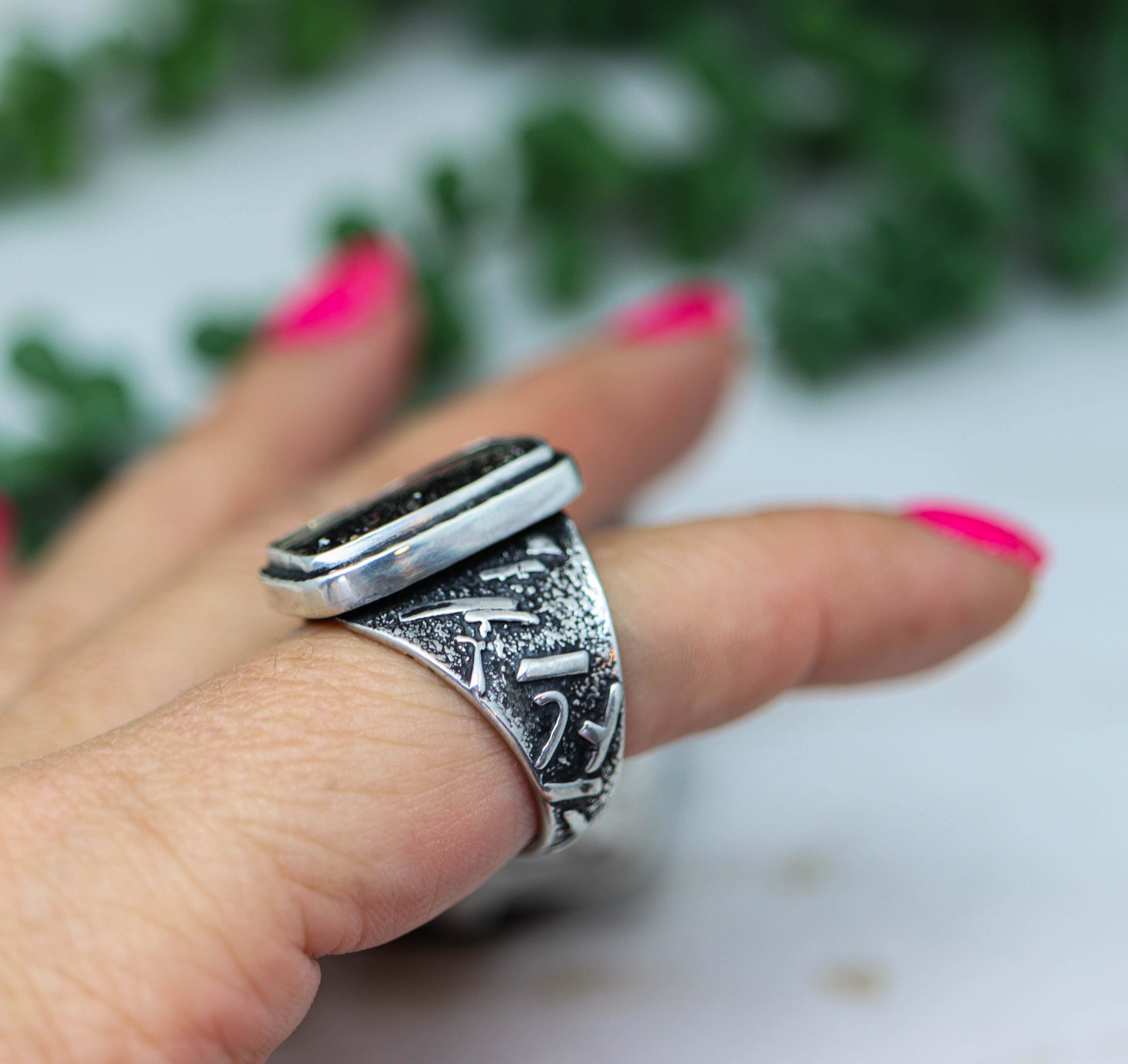 Black Tourmalinated Quartz Sterling Silver Wide Band Ring