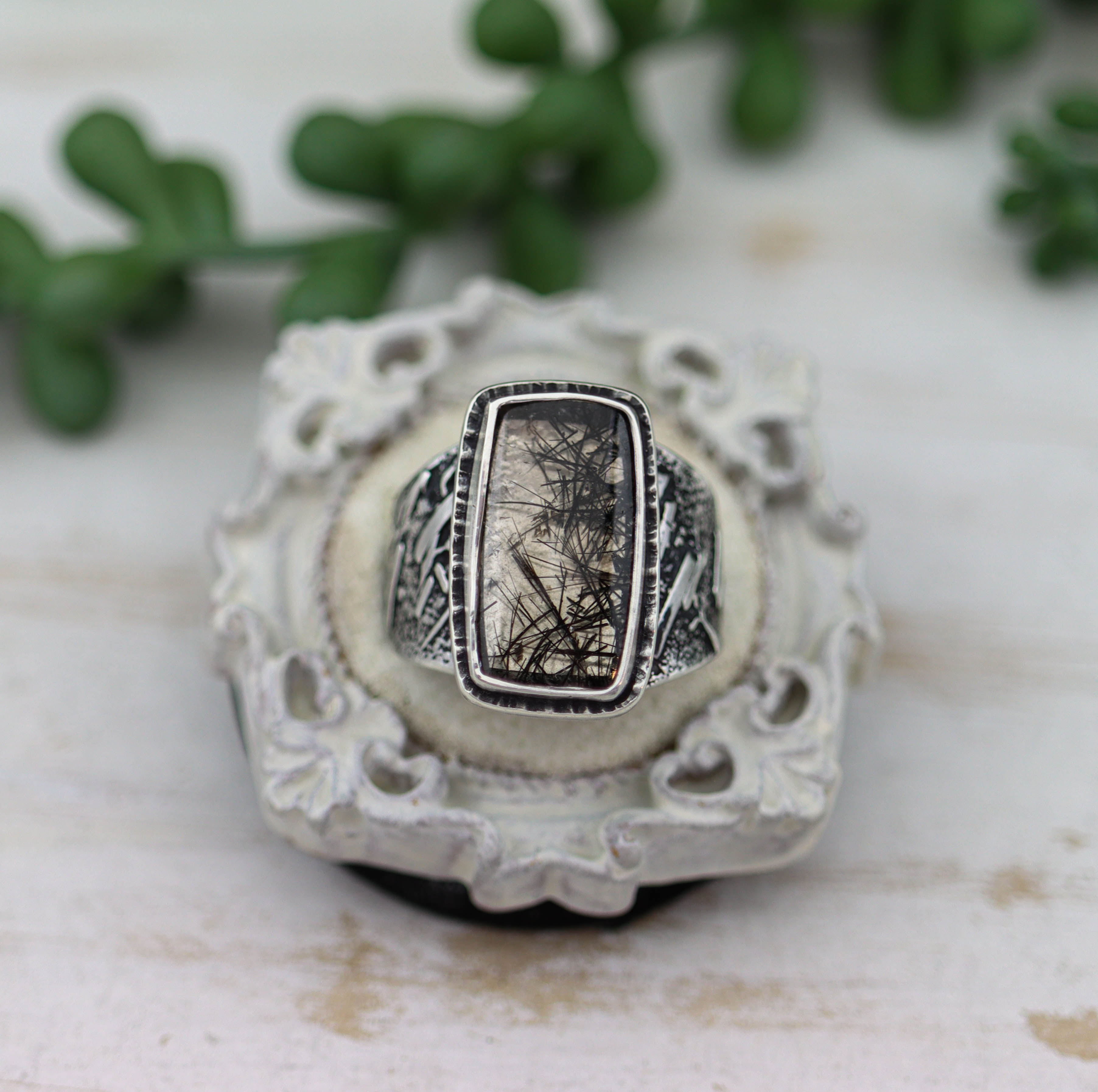 Black Tourmalinated Quartz Sterling Silver Wide Band Ring