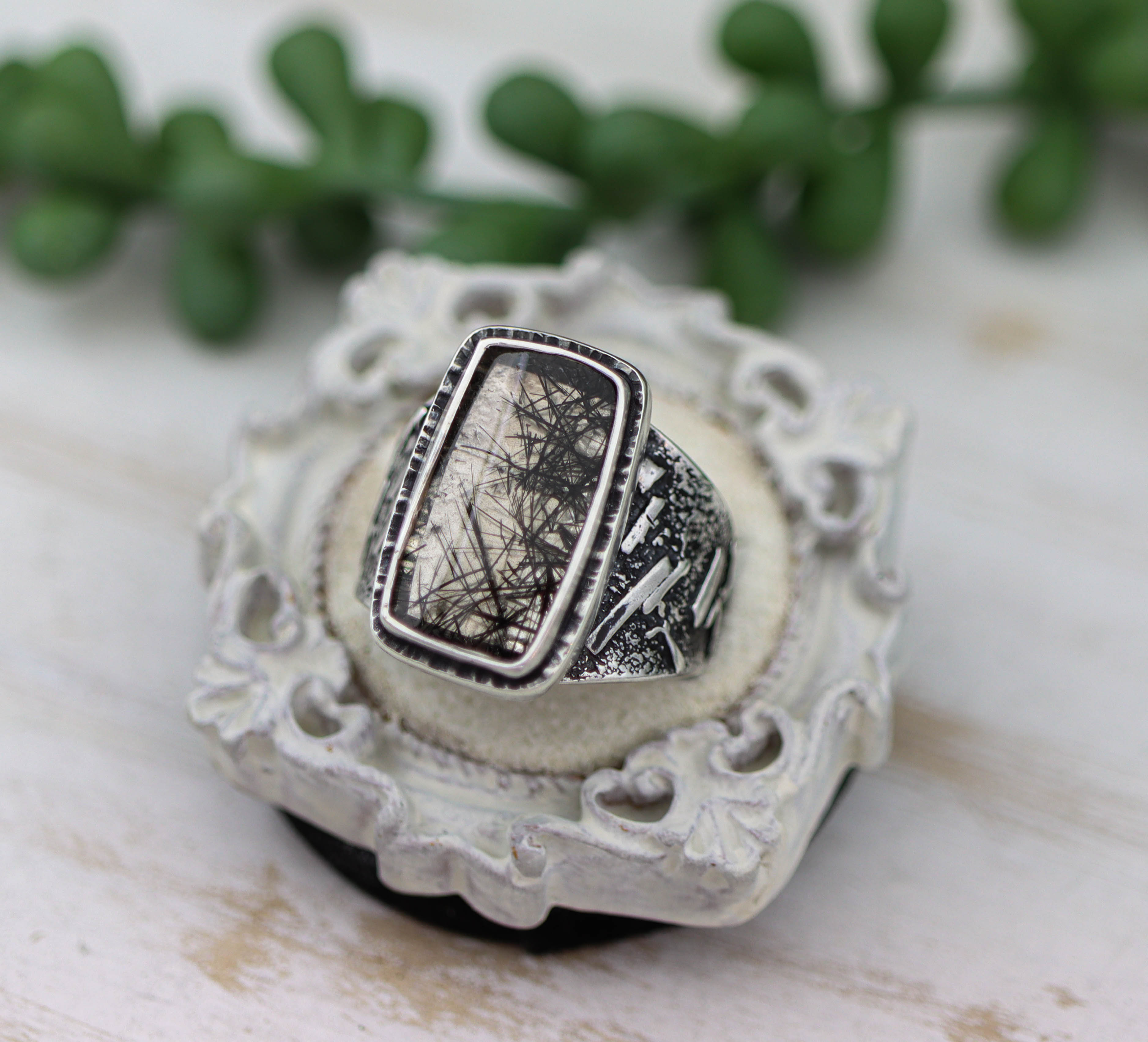 Black Tourmalinated Quartz Sterling Silver Wide Band Ring