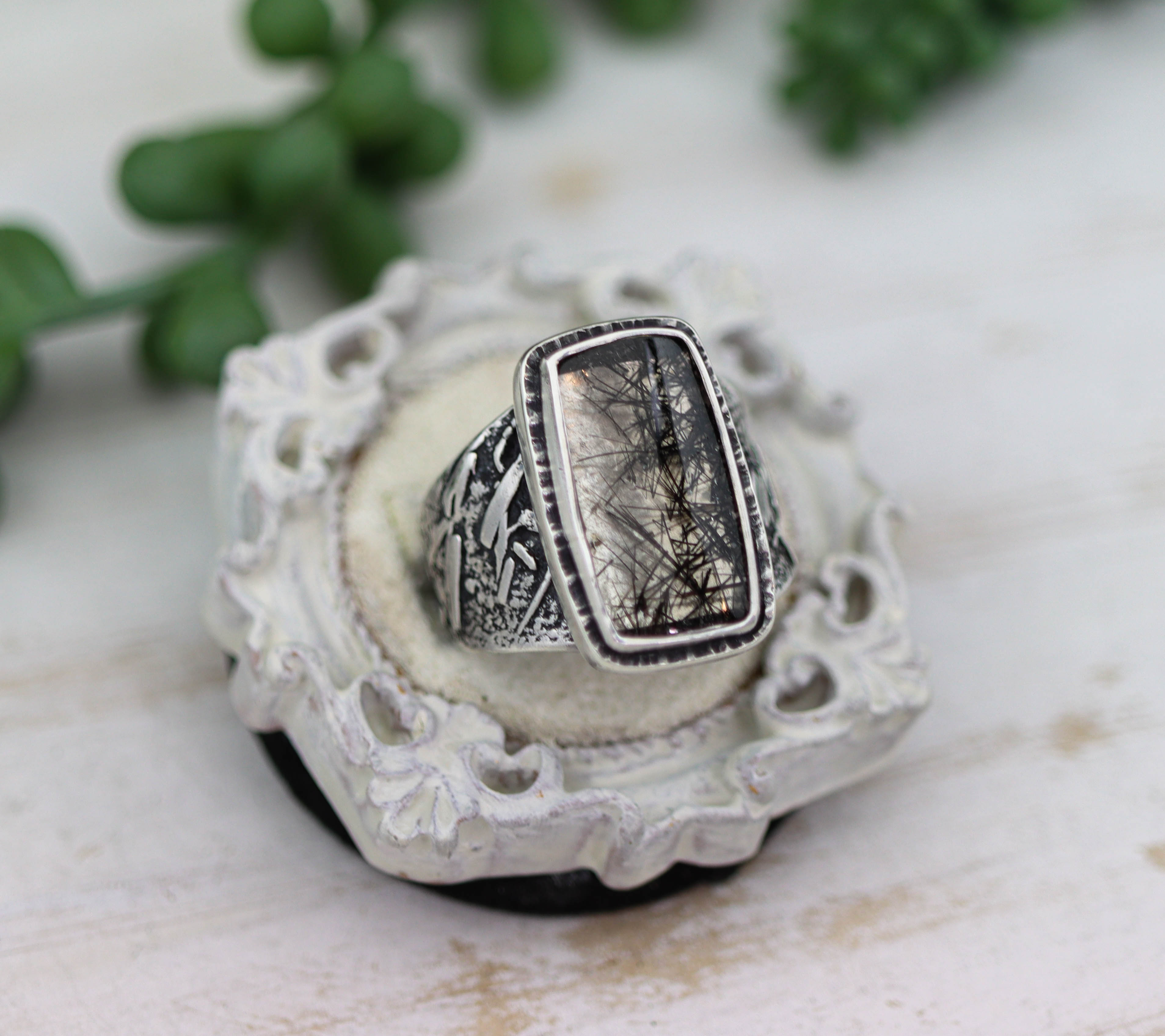 Black Tourmalinated Quartz Sterling Silver Wide Band Ring