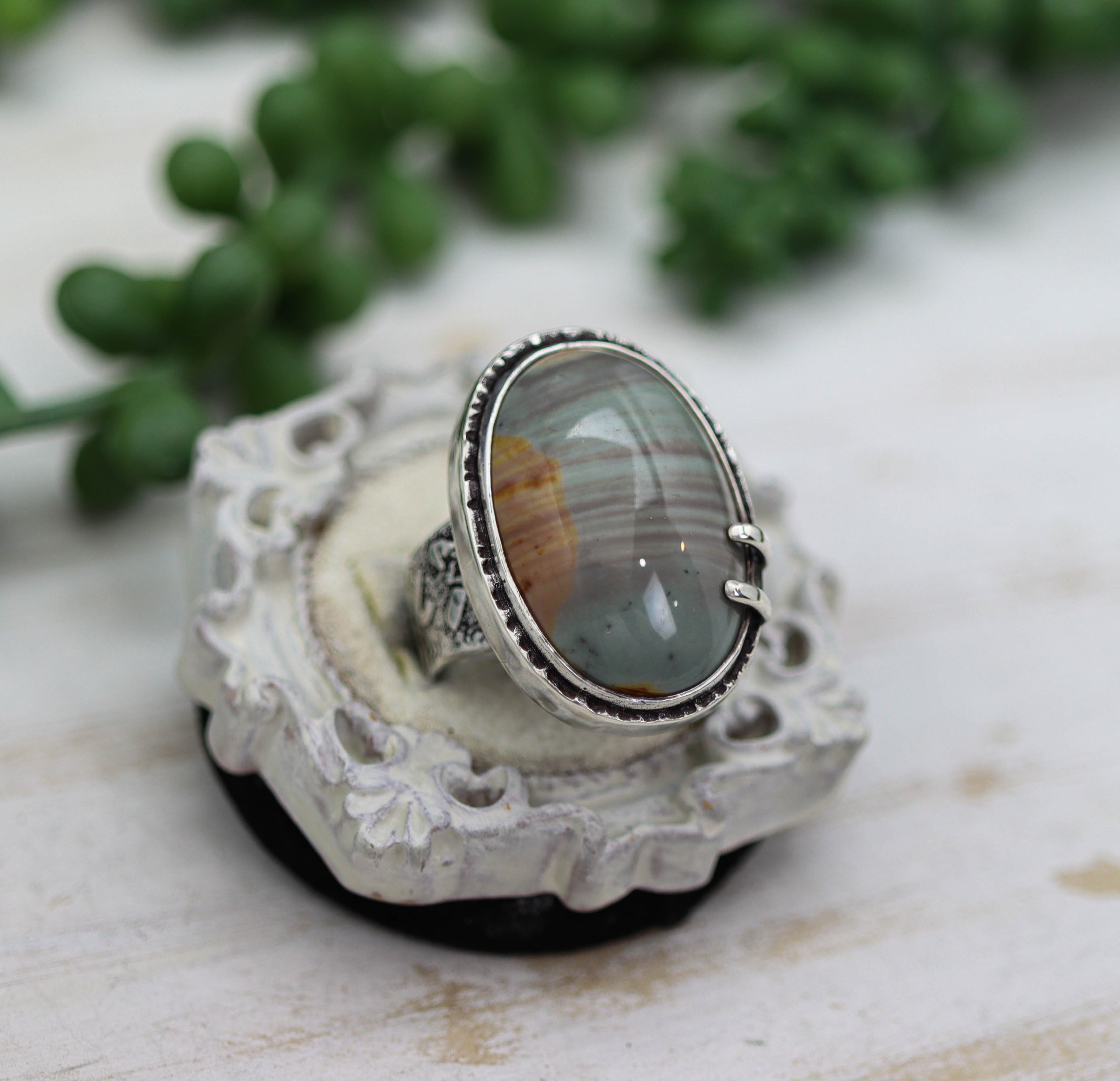 Sunset Polychrome Jasper Sterling Silver Wide Band Ring