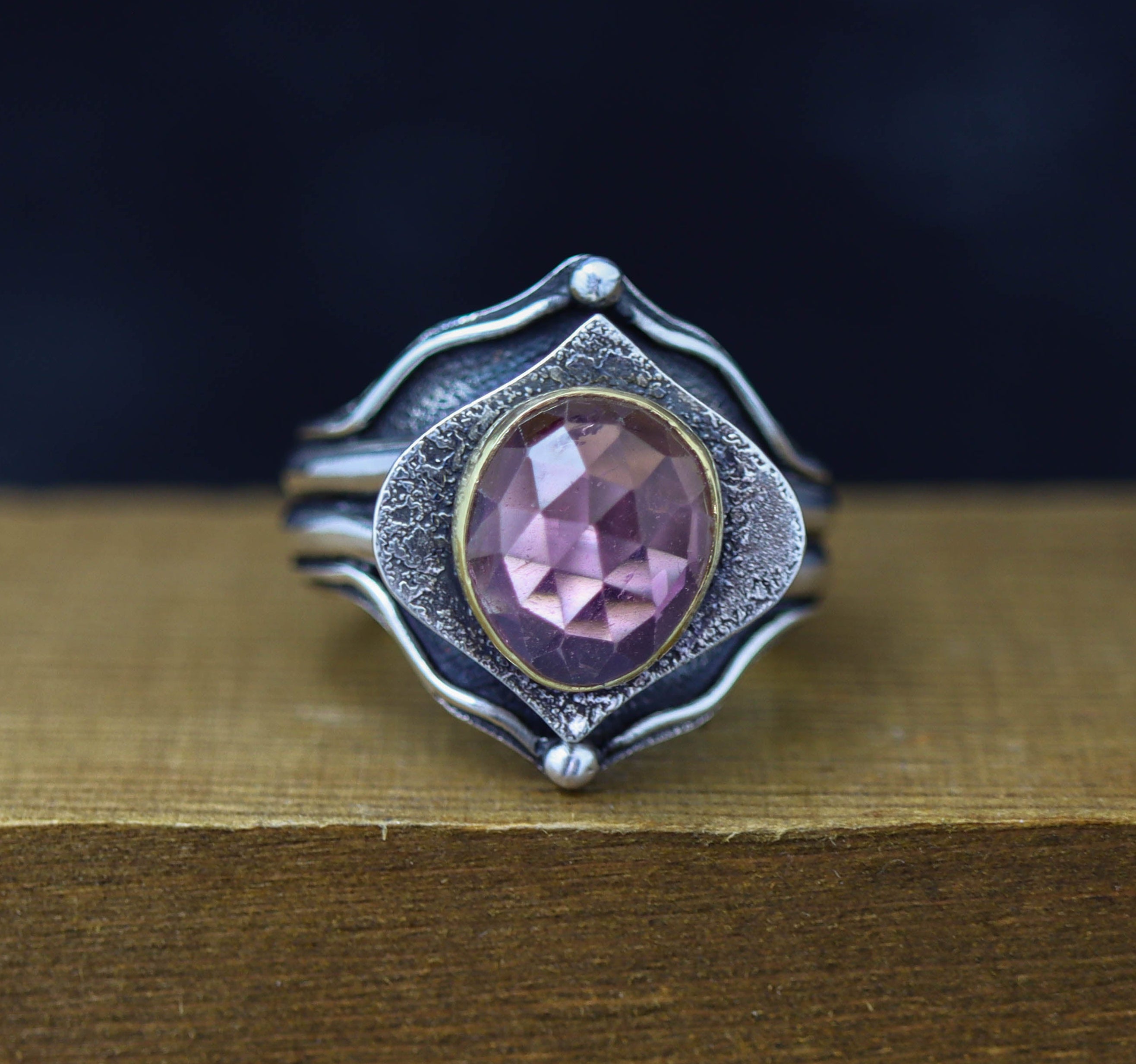Pink Tourmaline Architectural Platform Ring in Sterling Silver & 22k Gold