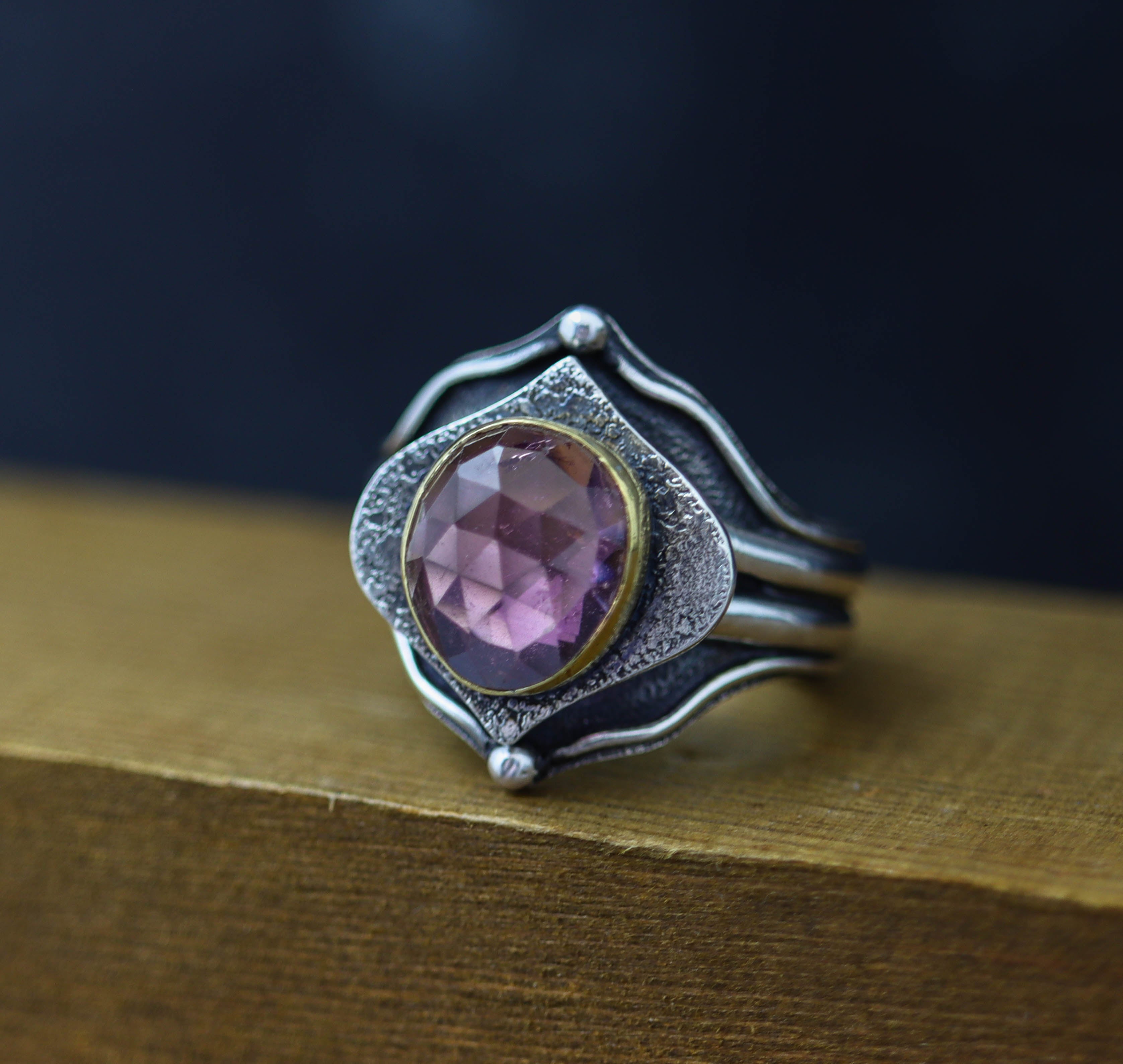 Pink Tourmaline Architectural Platform Ring in Sterling Silver & 22k Gold