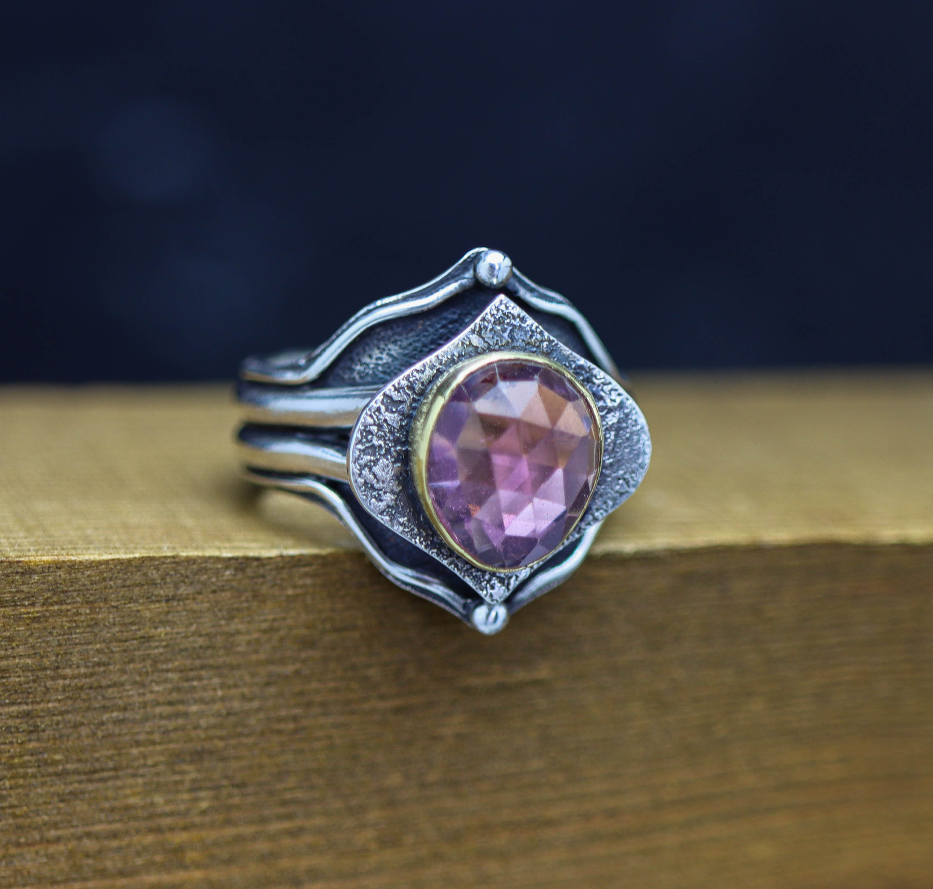 Pink Tourmaline Architectural Platform Ring in Sterling Silver & 22k Gold