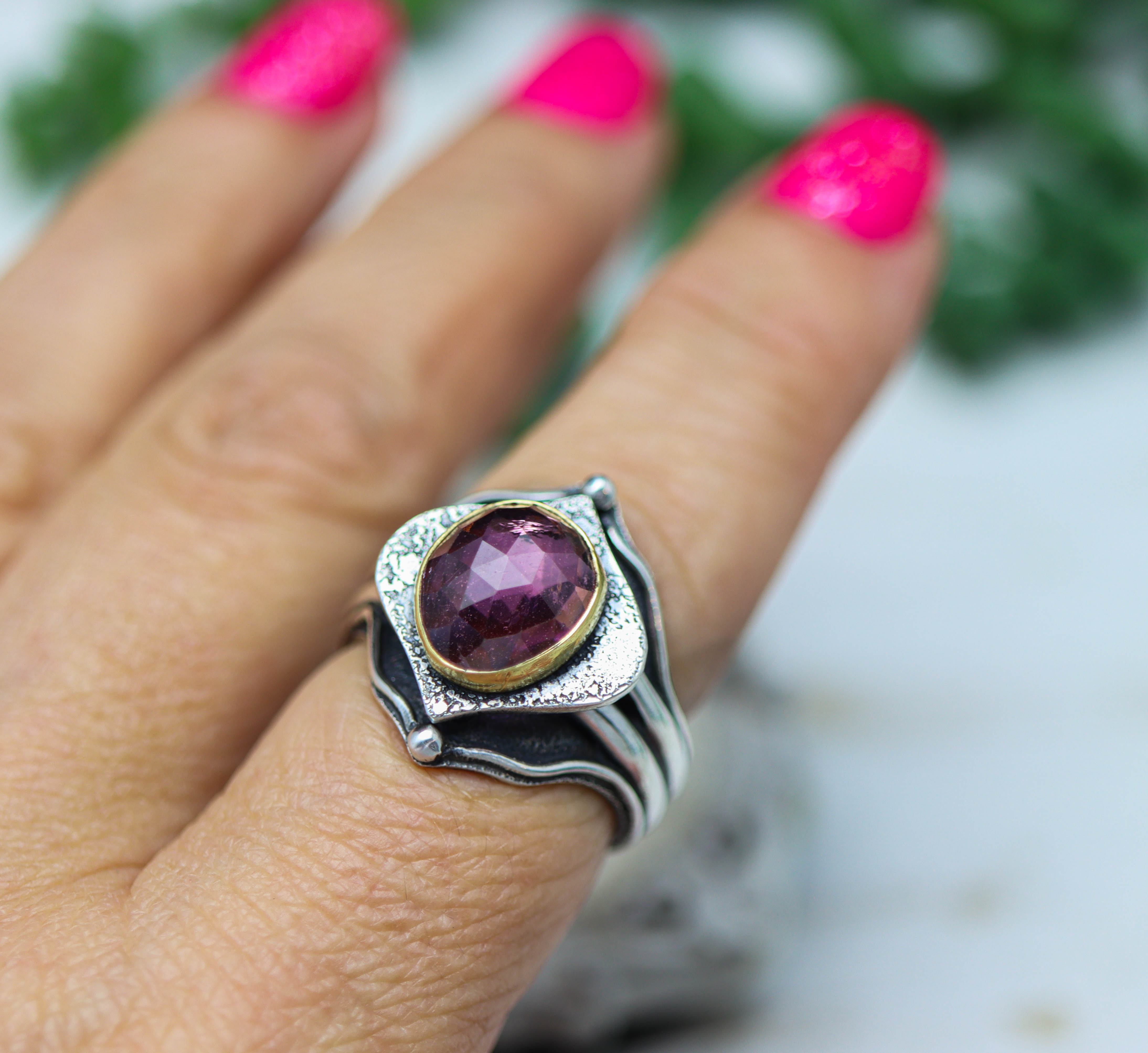 Pink Tourmaline Architectural Platform Ring in Sterling Silver & 22k Gold