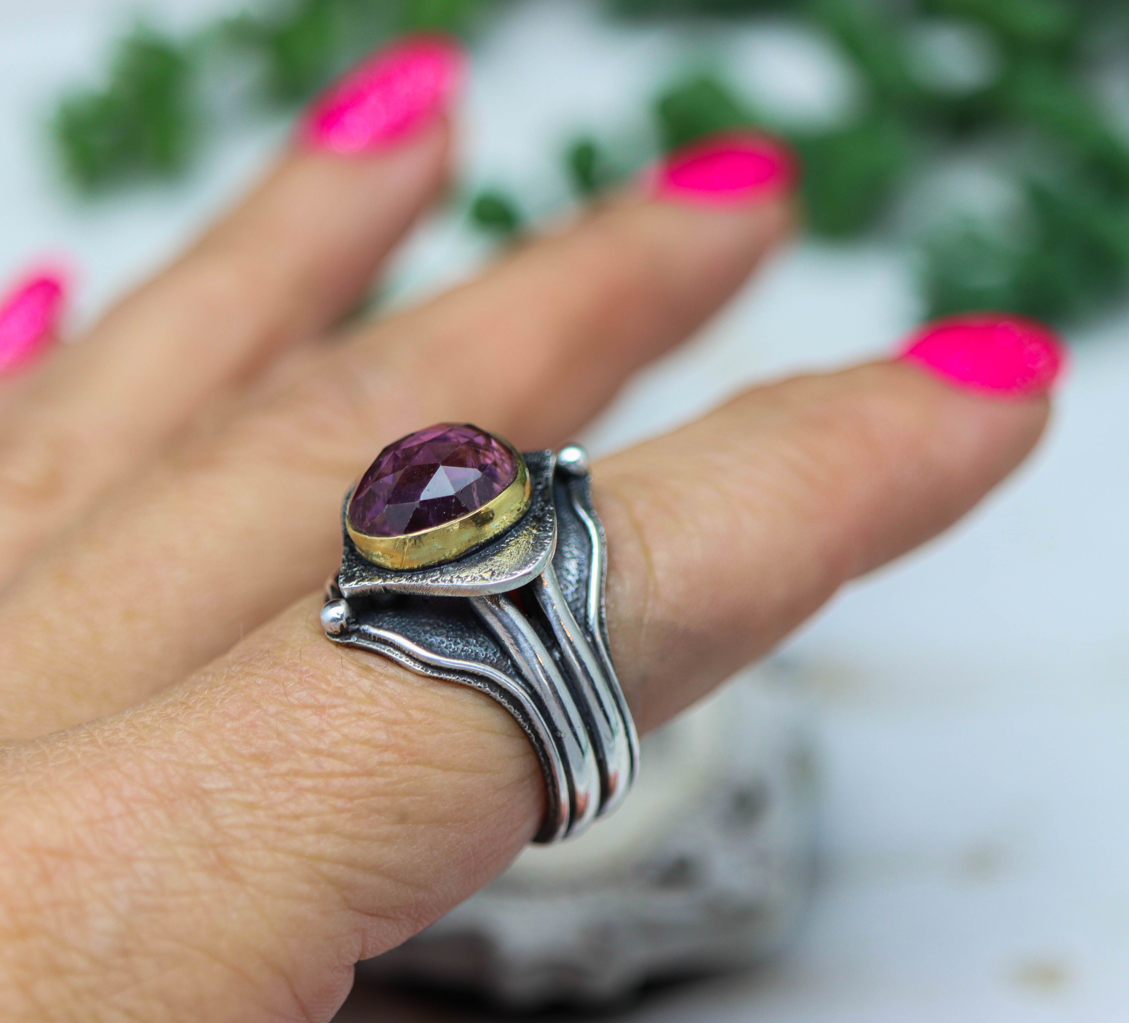 Pink Tourmaline Architectural Platform Ring in Sterling Silver & 22k Gold