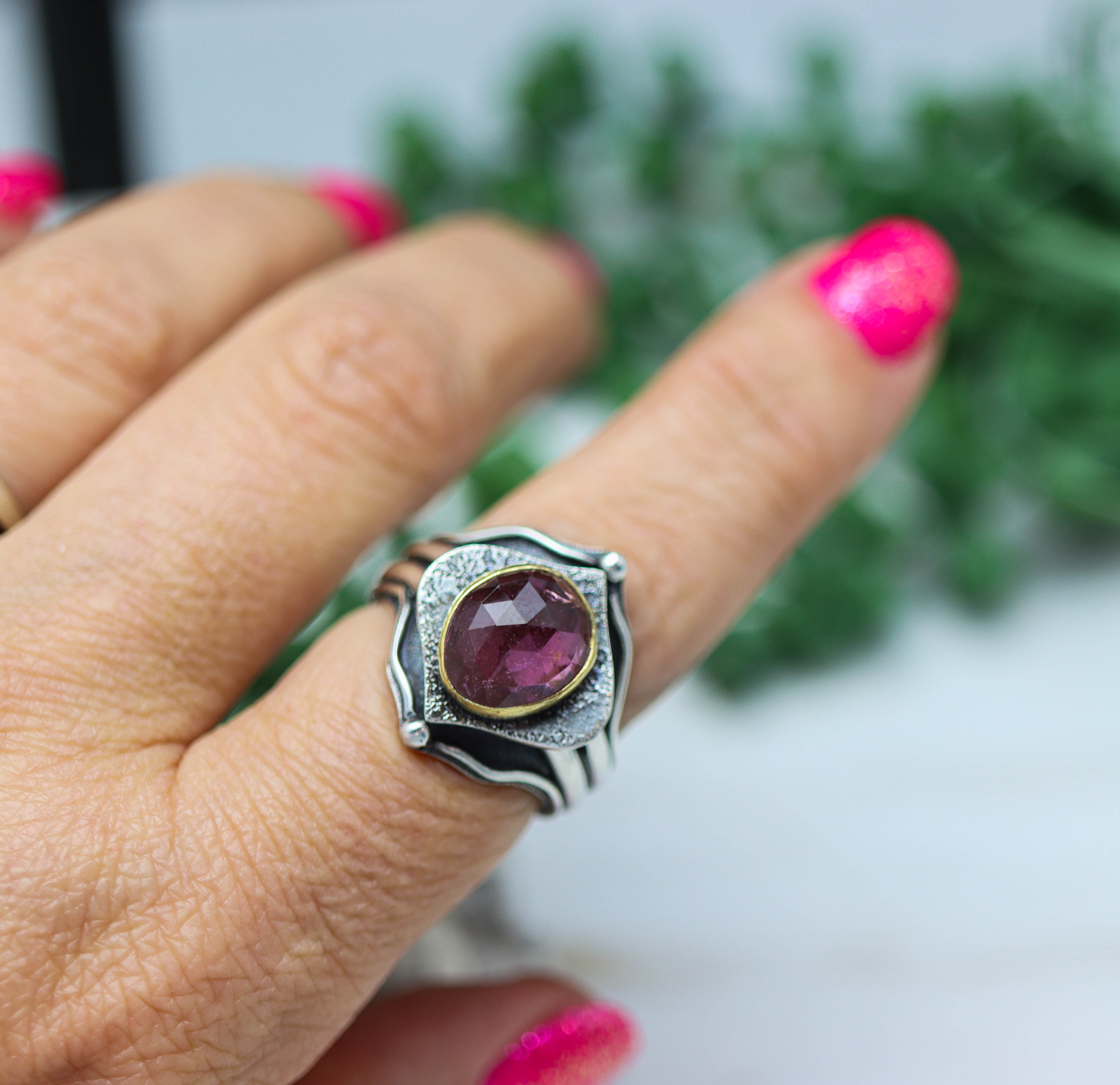 Pink Tourmaline Architectural Platform Ring in Sterling Silver & 22k Gold