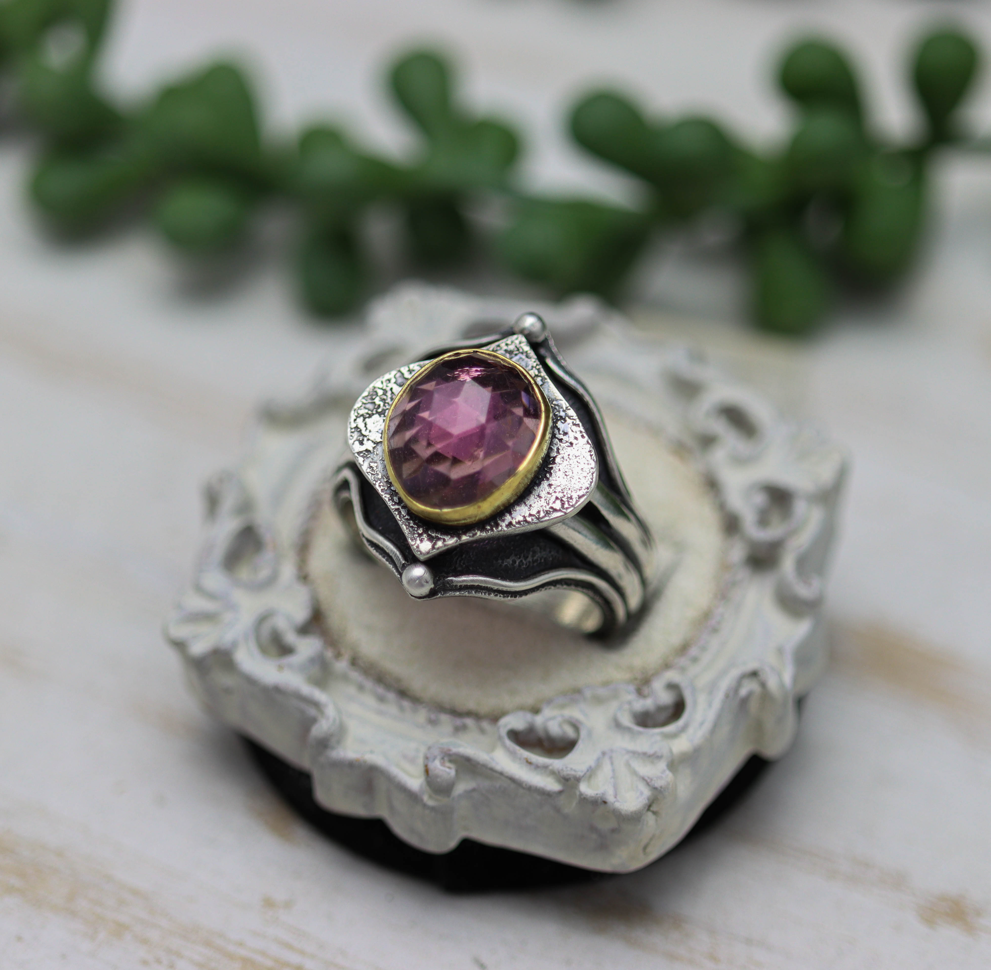 Pink Tourmaline Architectural Platform Ring in Sterling Silver & 22k Gold
