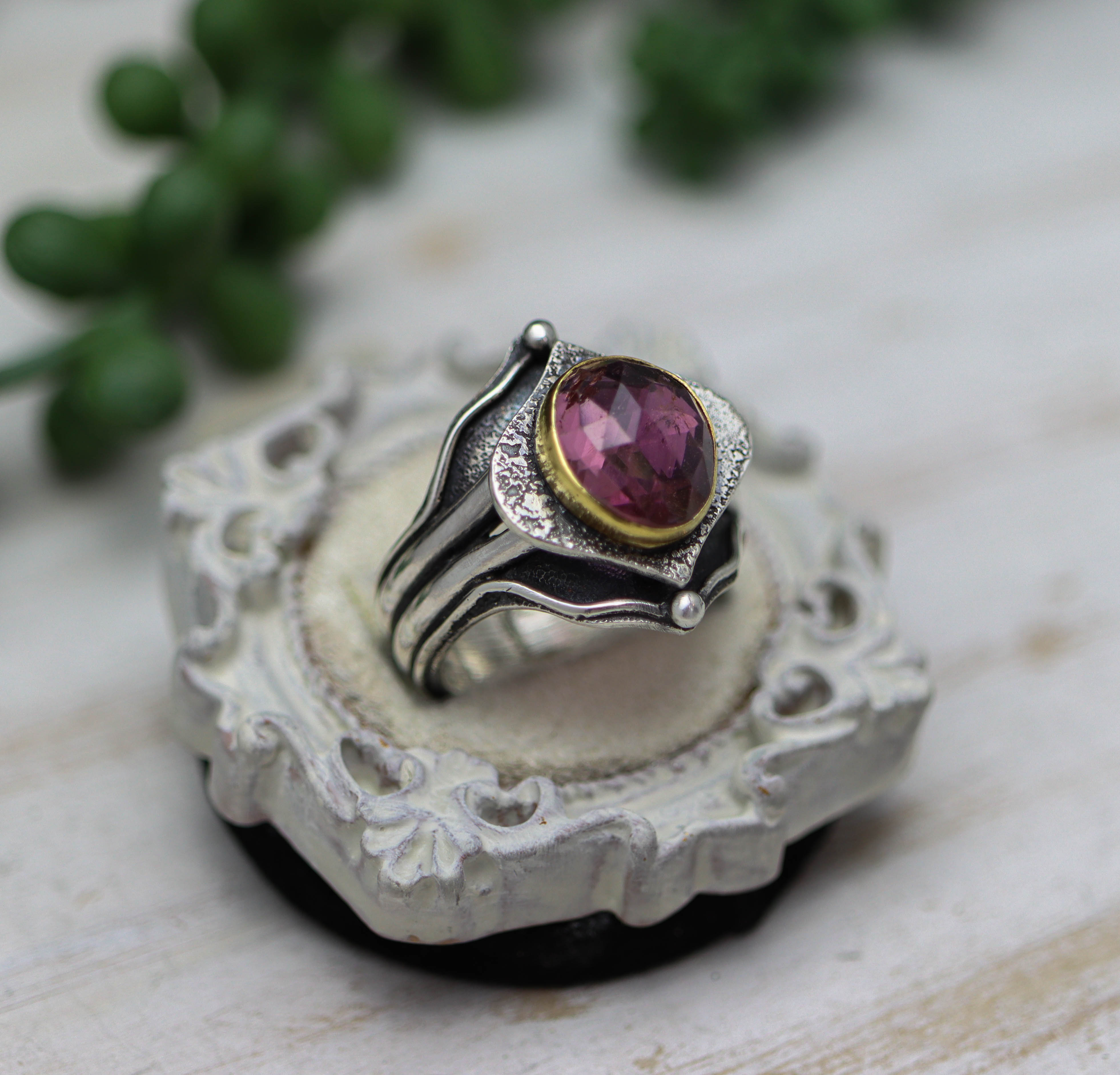 Pink Tourmaline Architectural Platform Ring in Sterling Silver & 22k Gold