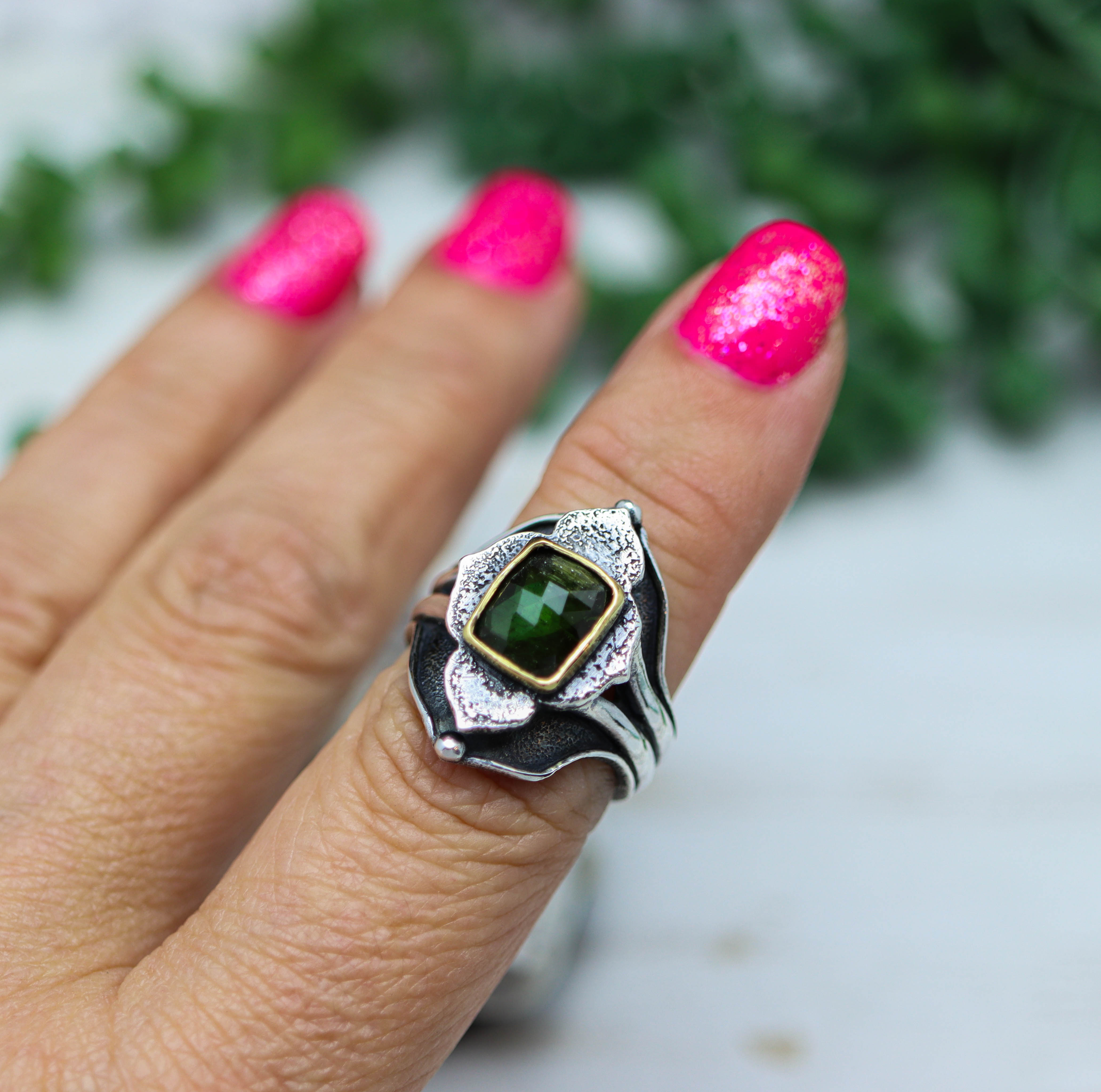 Green Tourmaline Architectural Platform Ring in Sterling Silver & 22k Gold