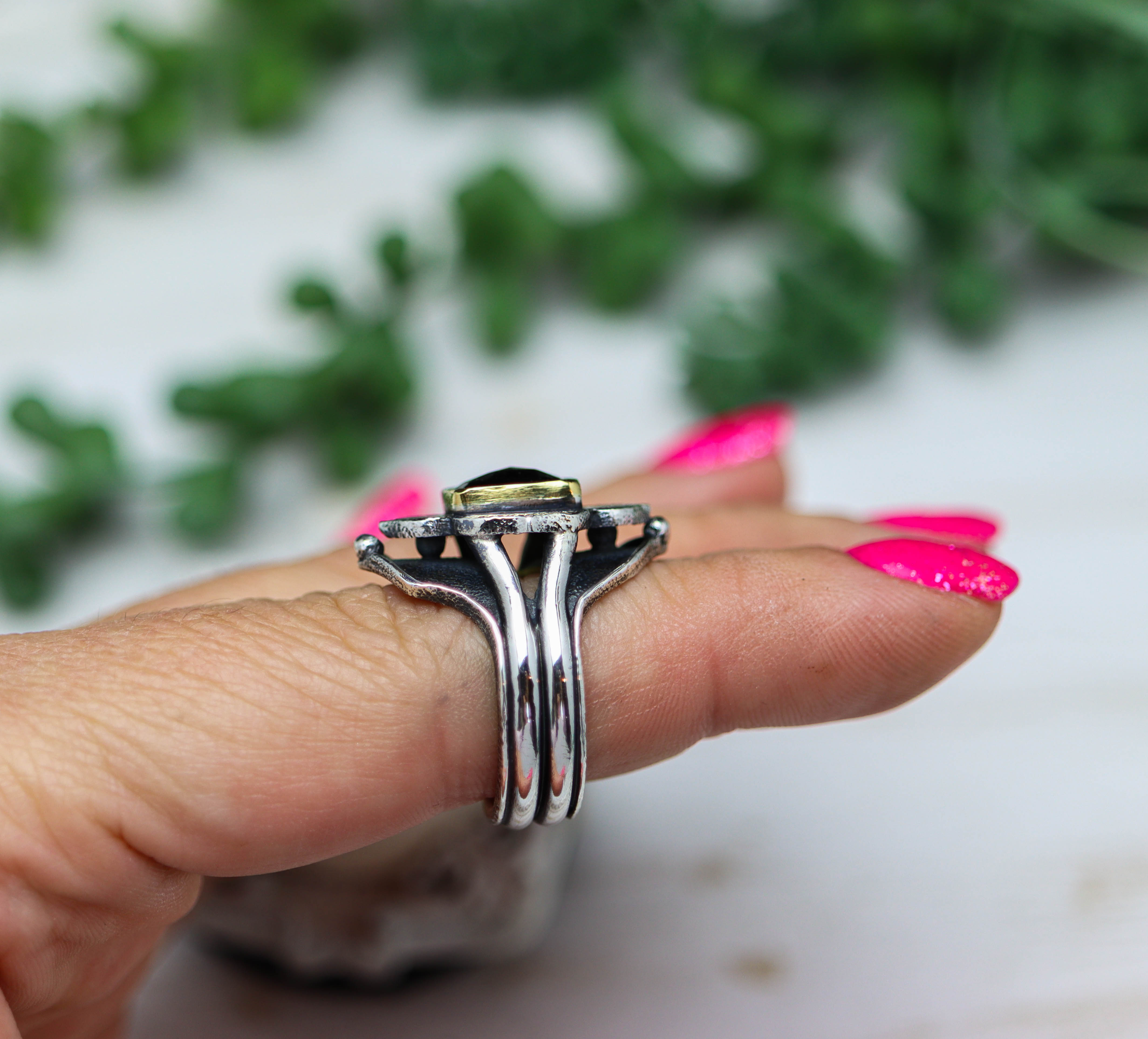 Green Tourmaline Architectural Platform Ring in Sterling Silver & 22k Gold