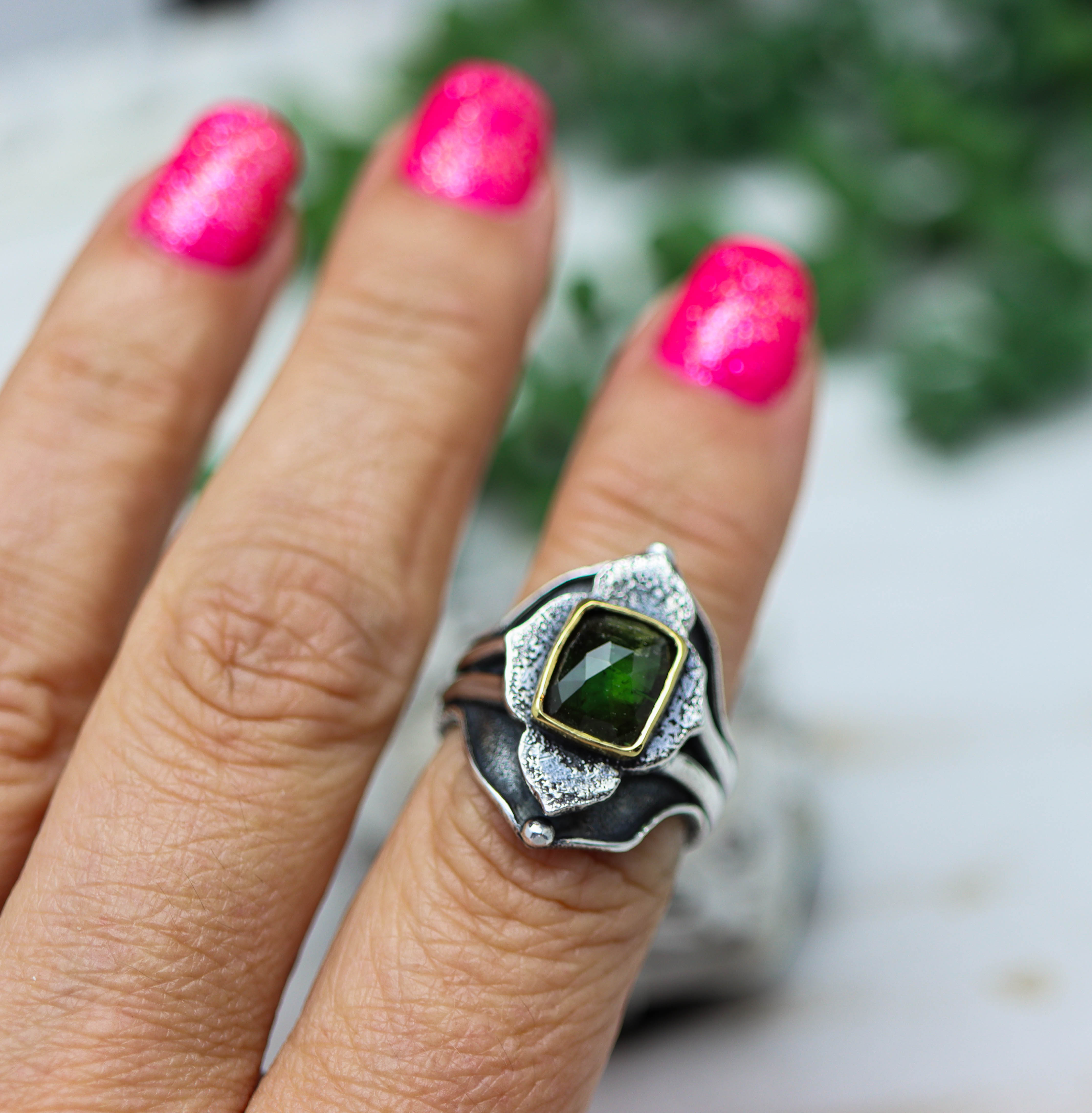 Green Tourmaline Architectural Platform Ring in Sterling Silver & 22k Gold