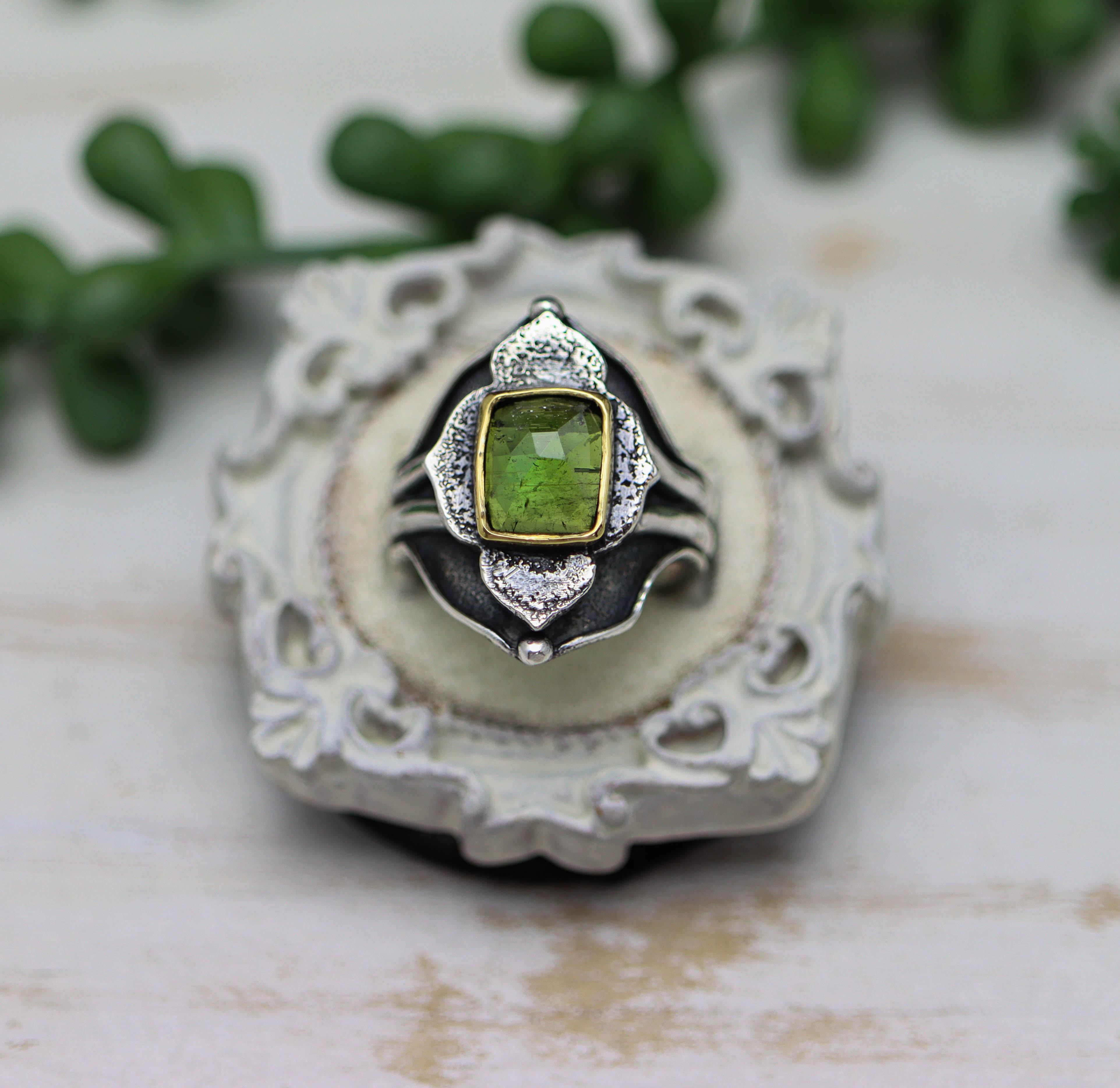Green Tourmaline Architectural Platform Ring in Sterling Silver & 22k Gold